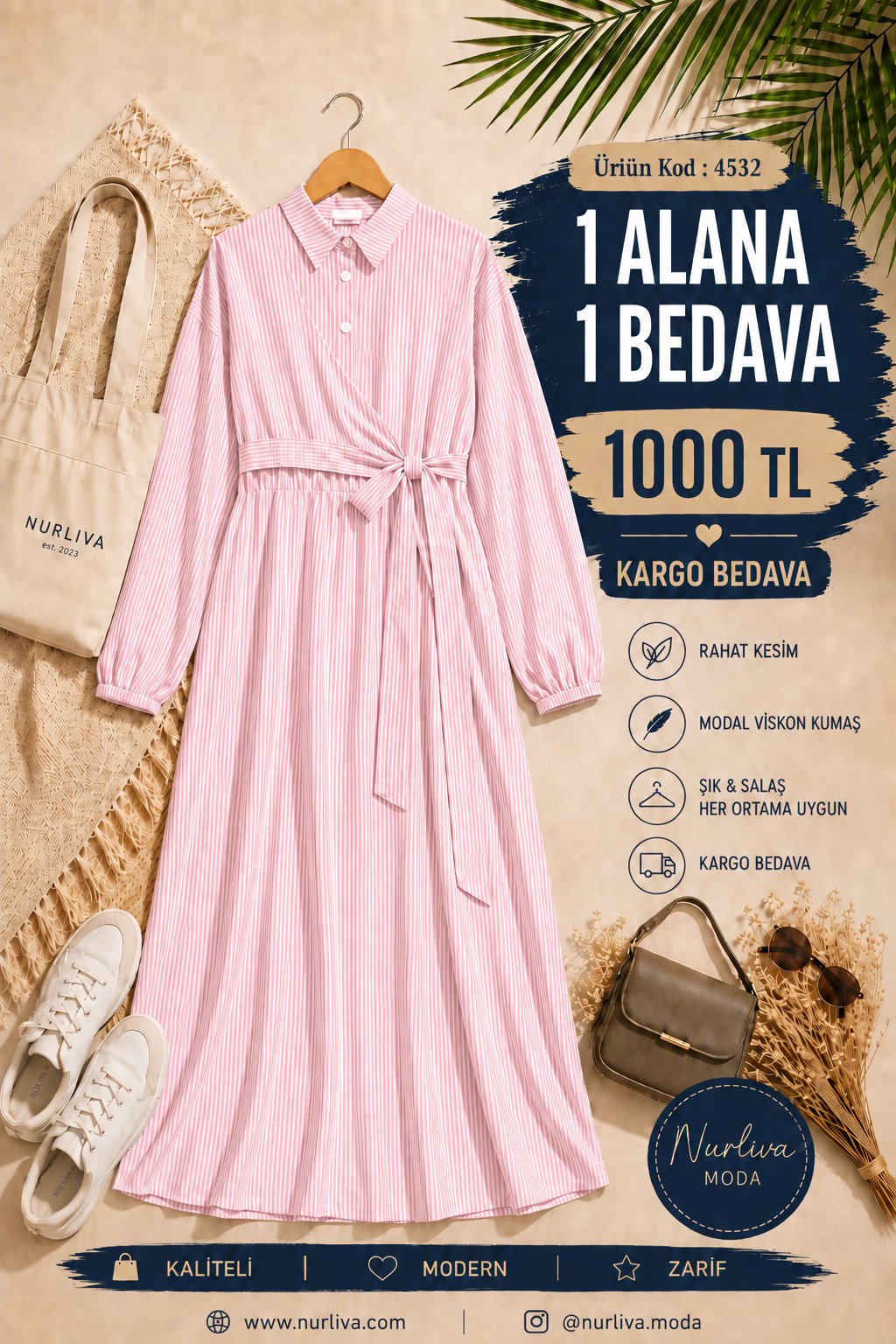 4532  YANDAN BAĞLAMALI YARIYA KADAR DÜZĞMELİ İNCE ÇİZGİLİ ELBİSE PEMBE 