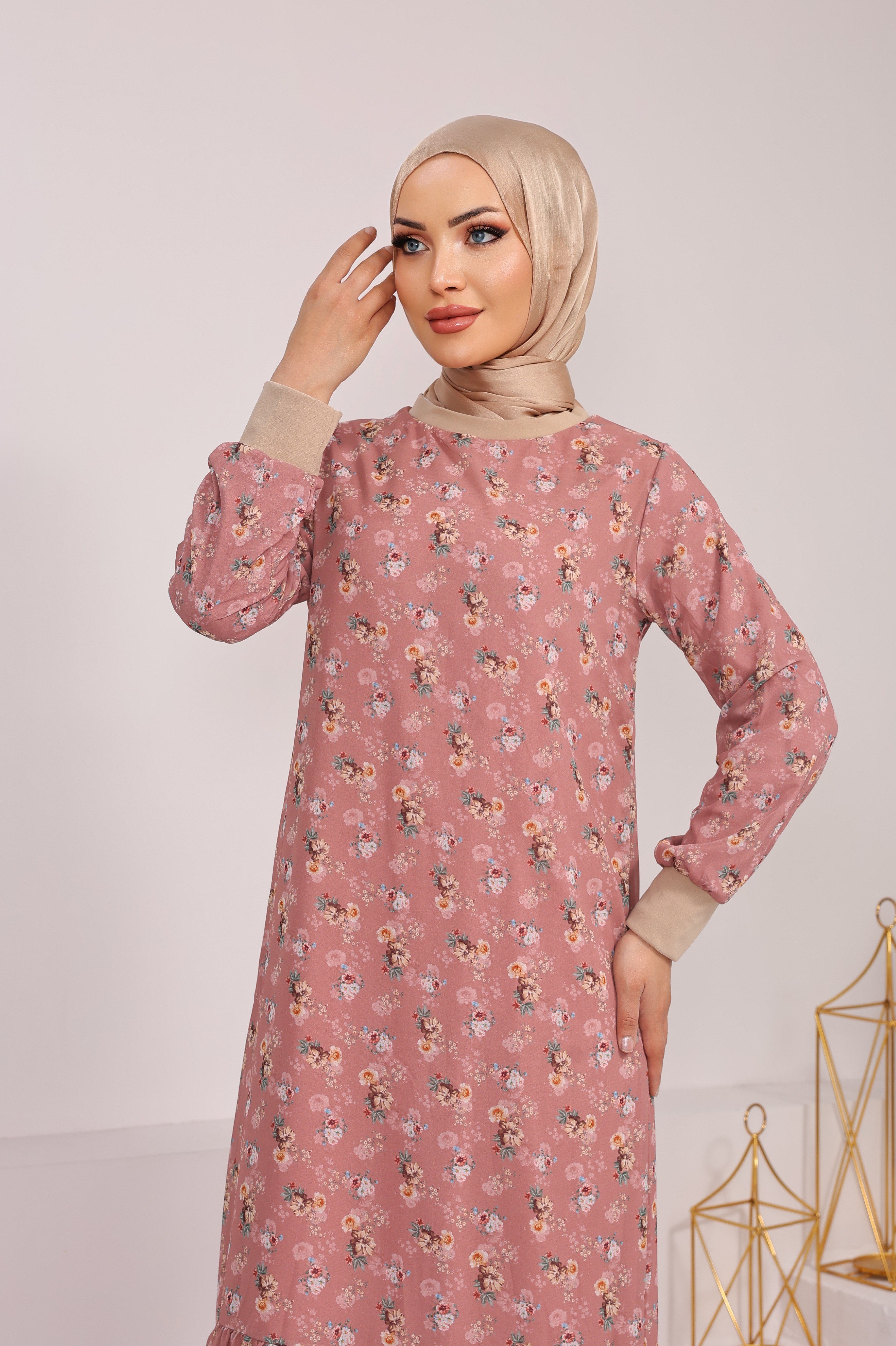 5626 ŞİFON KUMAŞ ASTARLI ÇİÇEK DESENLİ ELBİSE GÜL KURUSU 