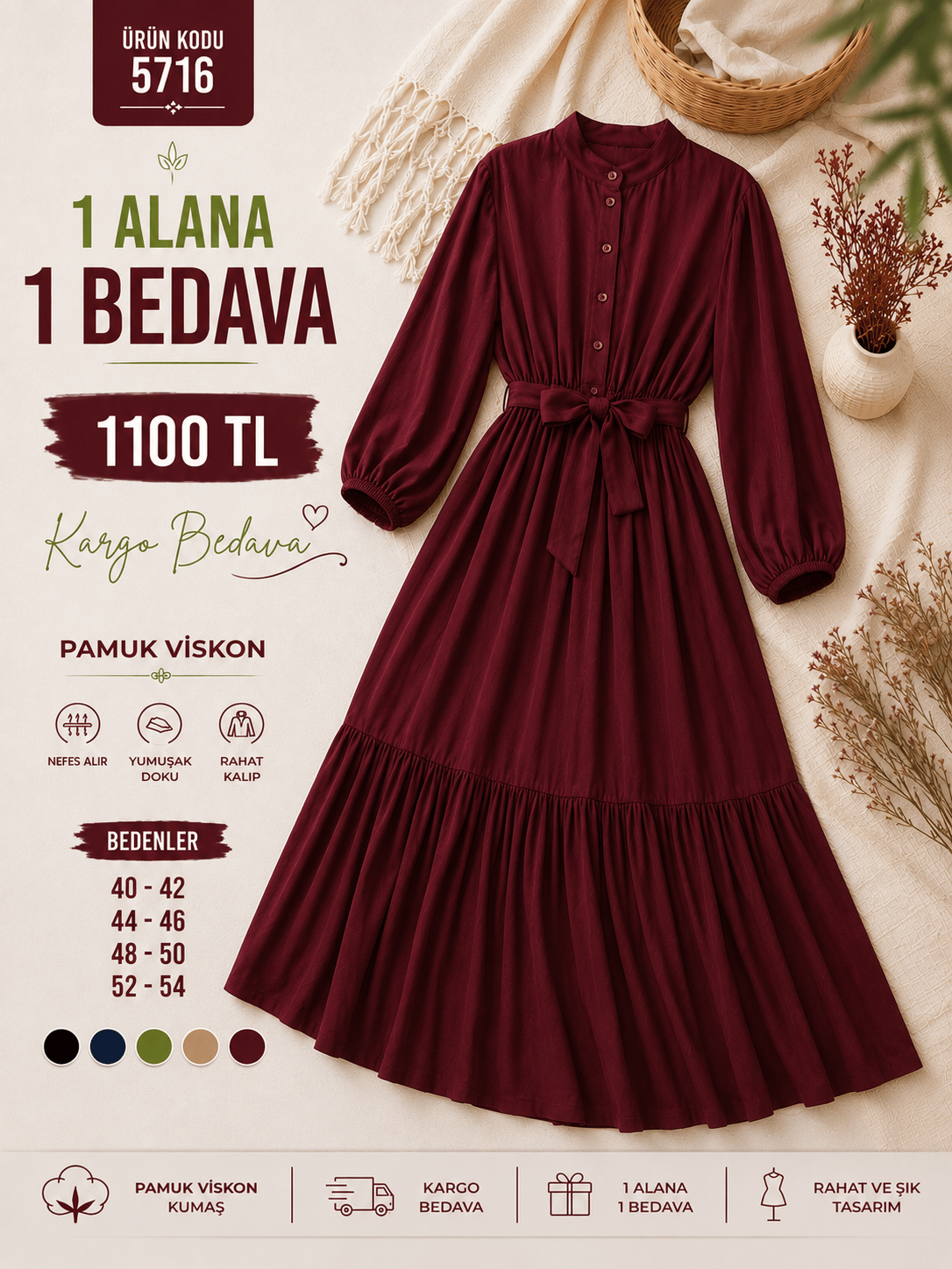 5716 VİSKON KUMAŞ YARIYA KADAR DÜĞMELİ SEYYAR KEMERLİ ELBİSE BORDO 