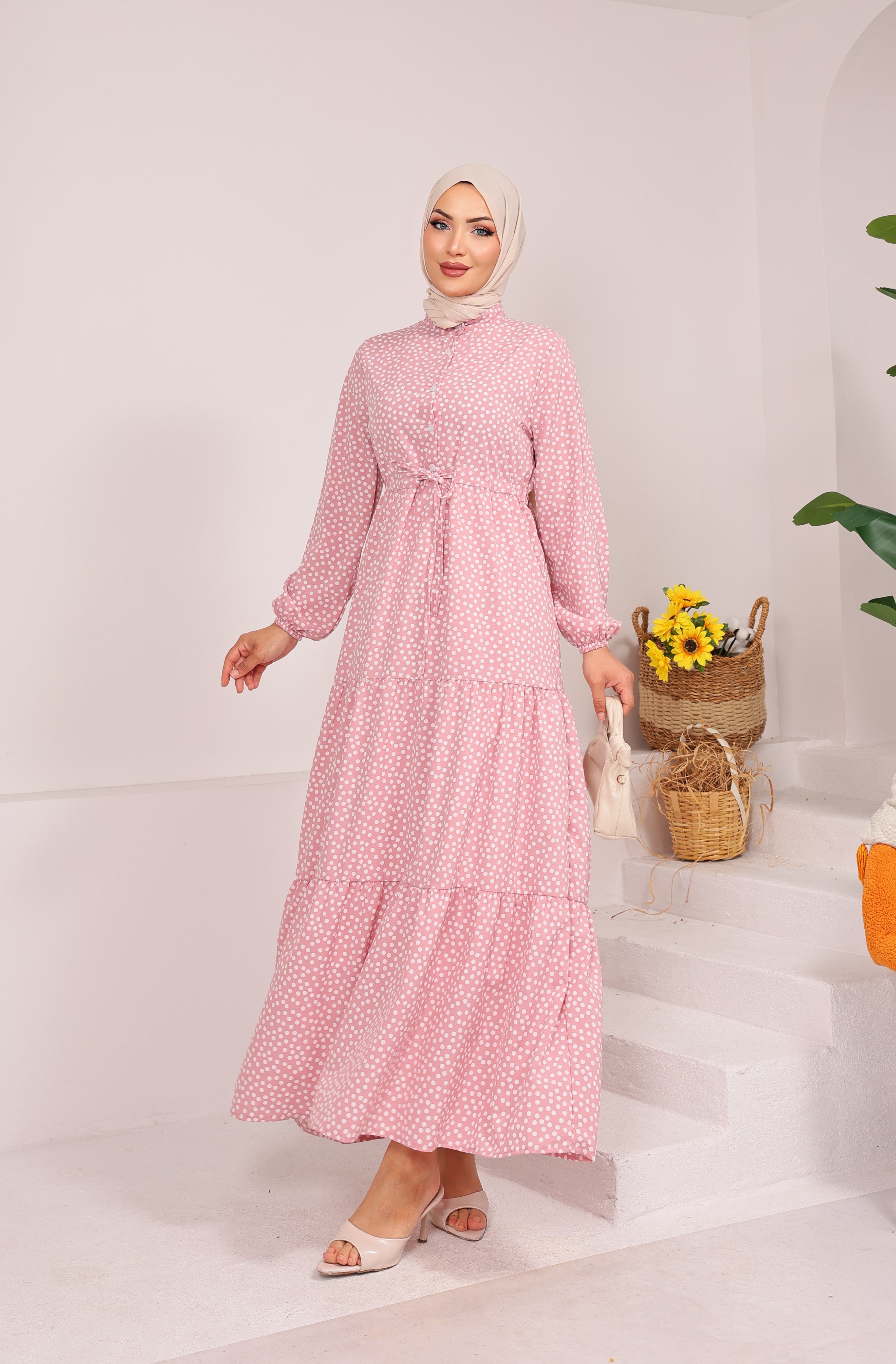 57297 PUANTİYELİ BELDEN BAĞLAMALI VİSKON ELBİSE TOZ PEMBE 