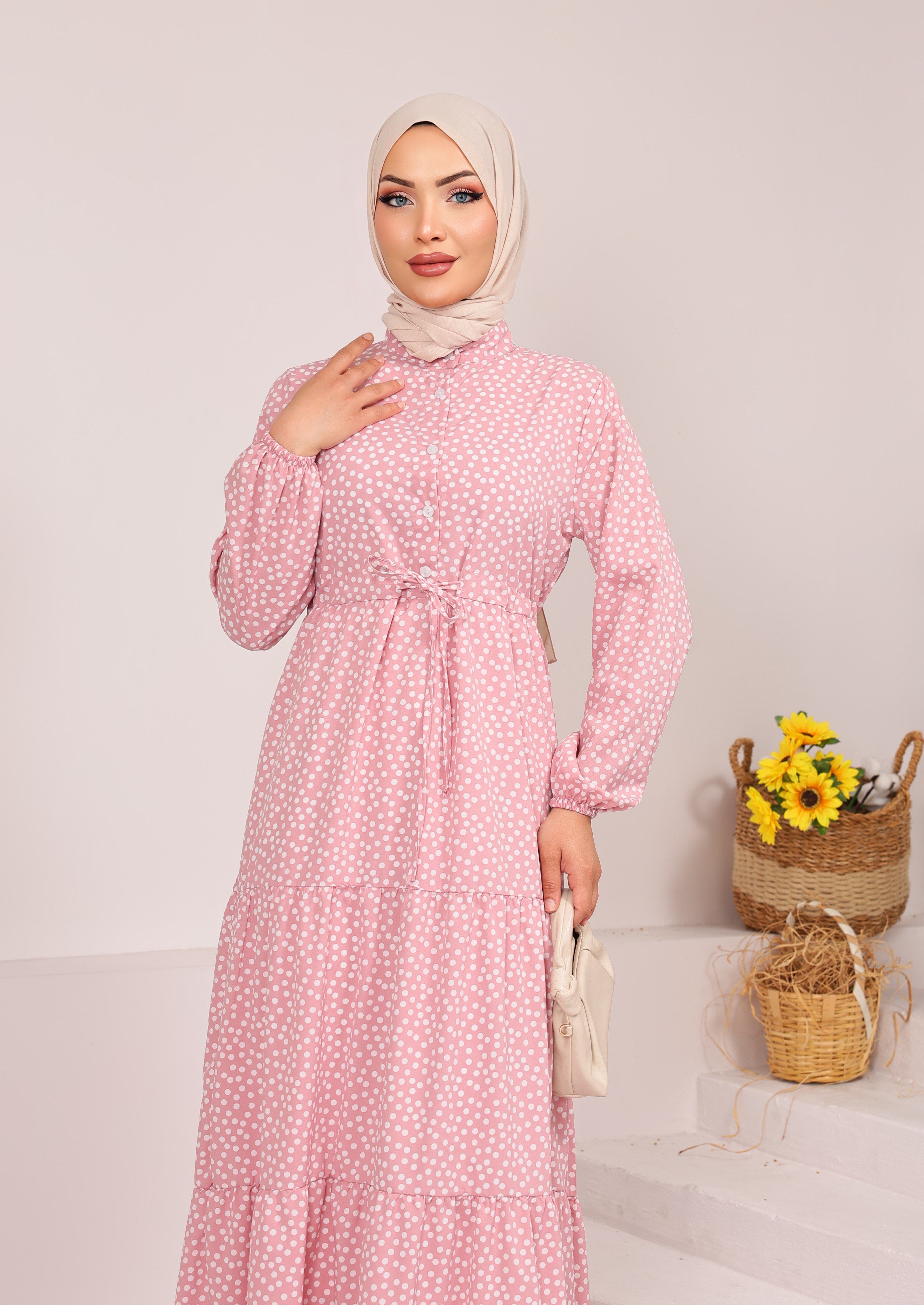 57297 PUANTİYELİ BELDEN BAĞLAMALI VİSKON ELBİSE TOZ PEMBE 