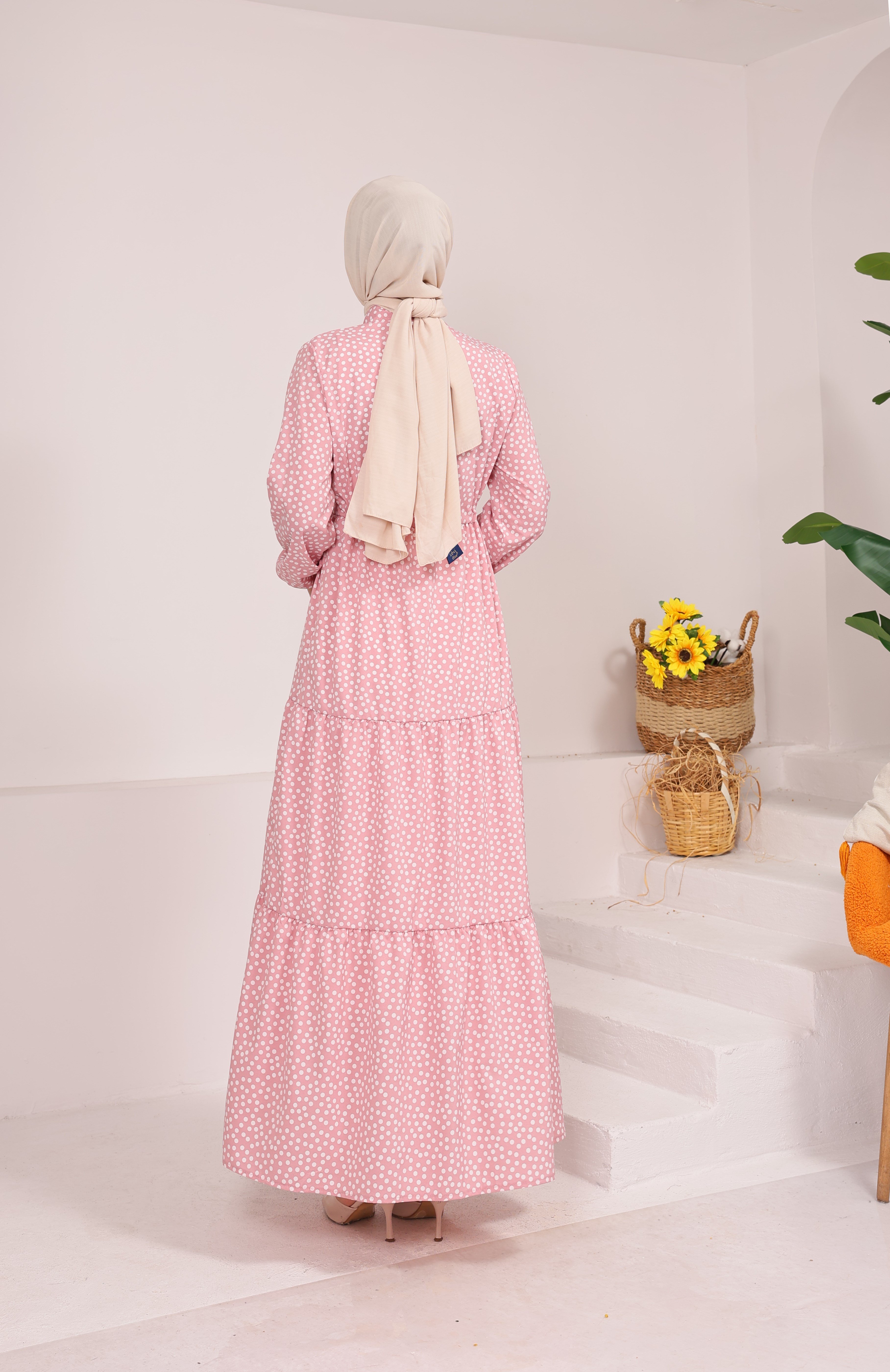 57297 PUANTİYELİ BELDEN BAĞLAMALI VİSKON ELBİSE TOZ PEMBE 