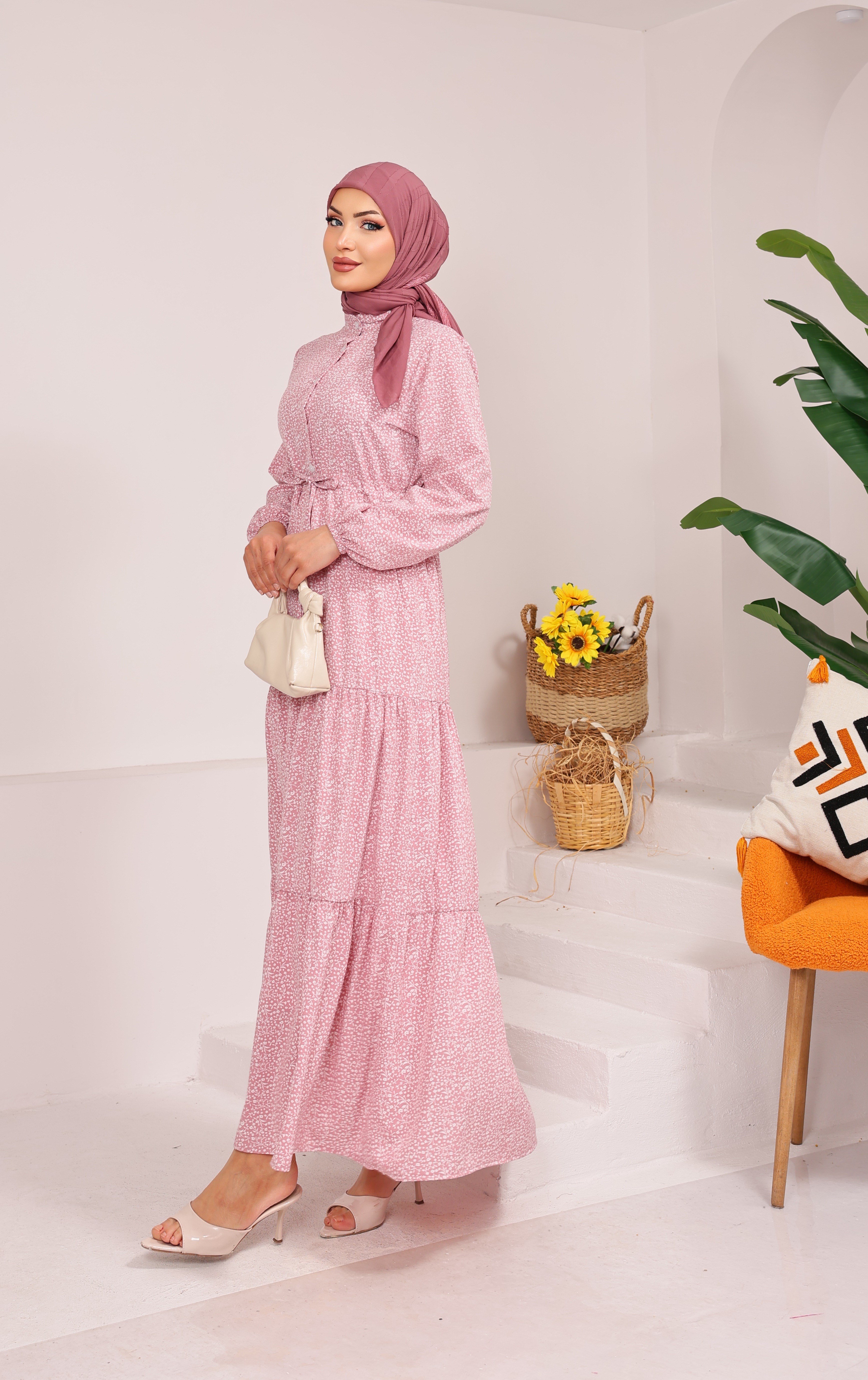 65426 ÇİÇEK DESENLİ BELDEN BAĞLAMALI YARIYA KADAR DÜĞMELİ VİSKON KUMAŞ ELBİSE  TOZ PEMBE 