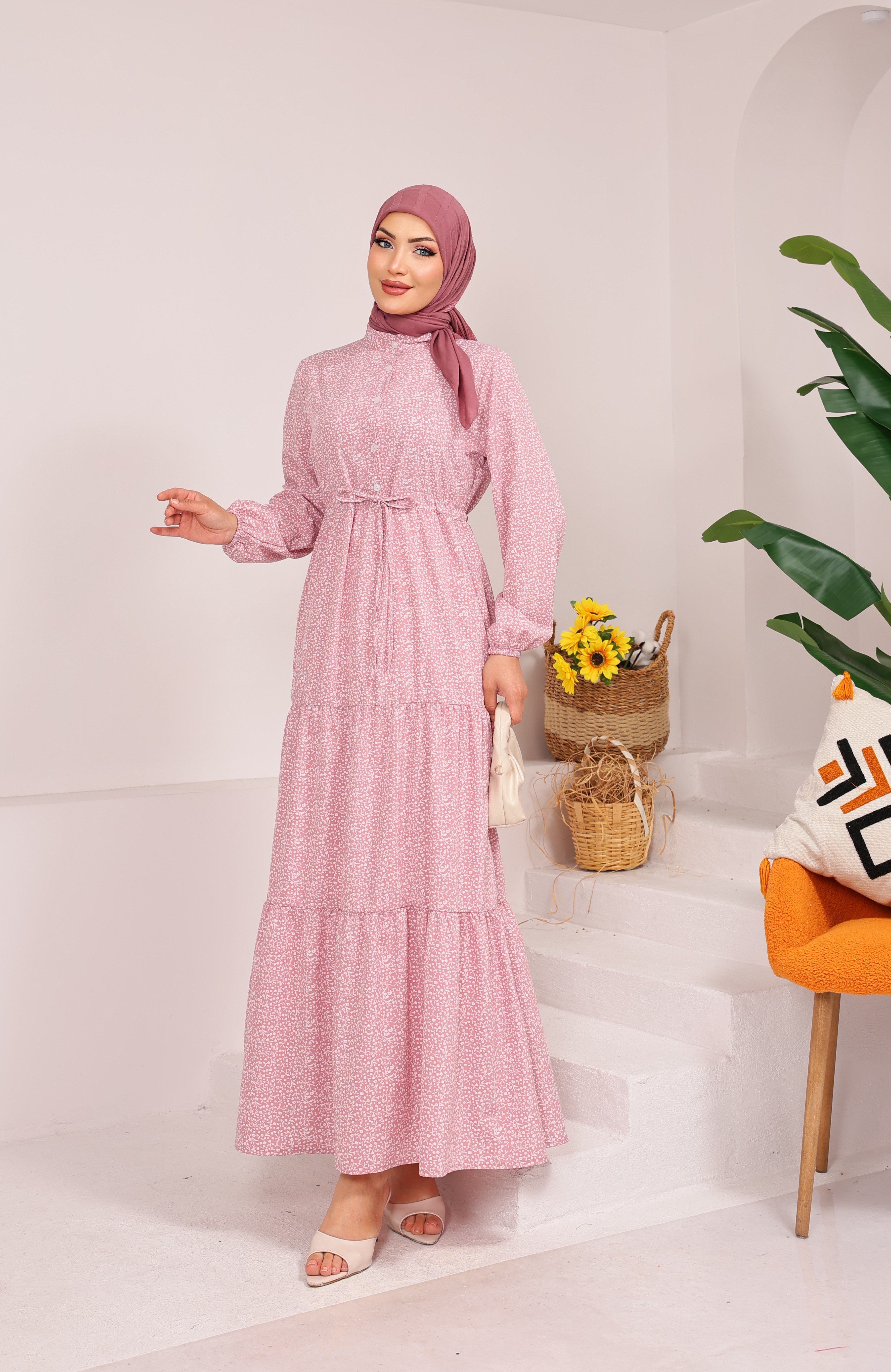 65426 ÇİÇEK DESENLİ BELDEN BAĞLAMALI YARIYA KADAR DÜĞMELİ VİSKON KUMAŞ ELBİSE  TOZ PEMBE 