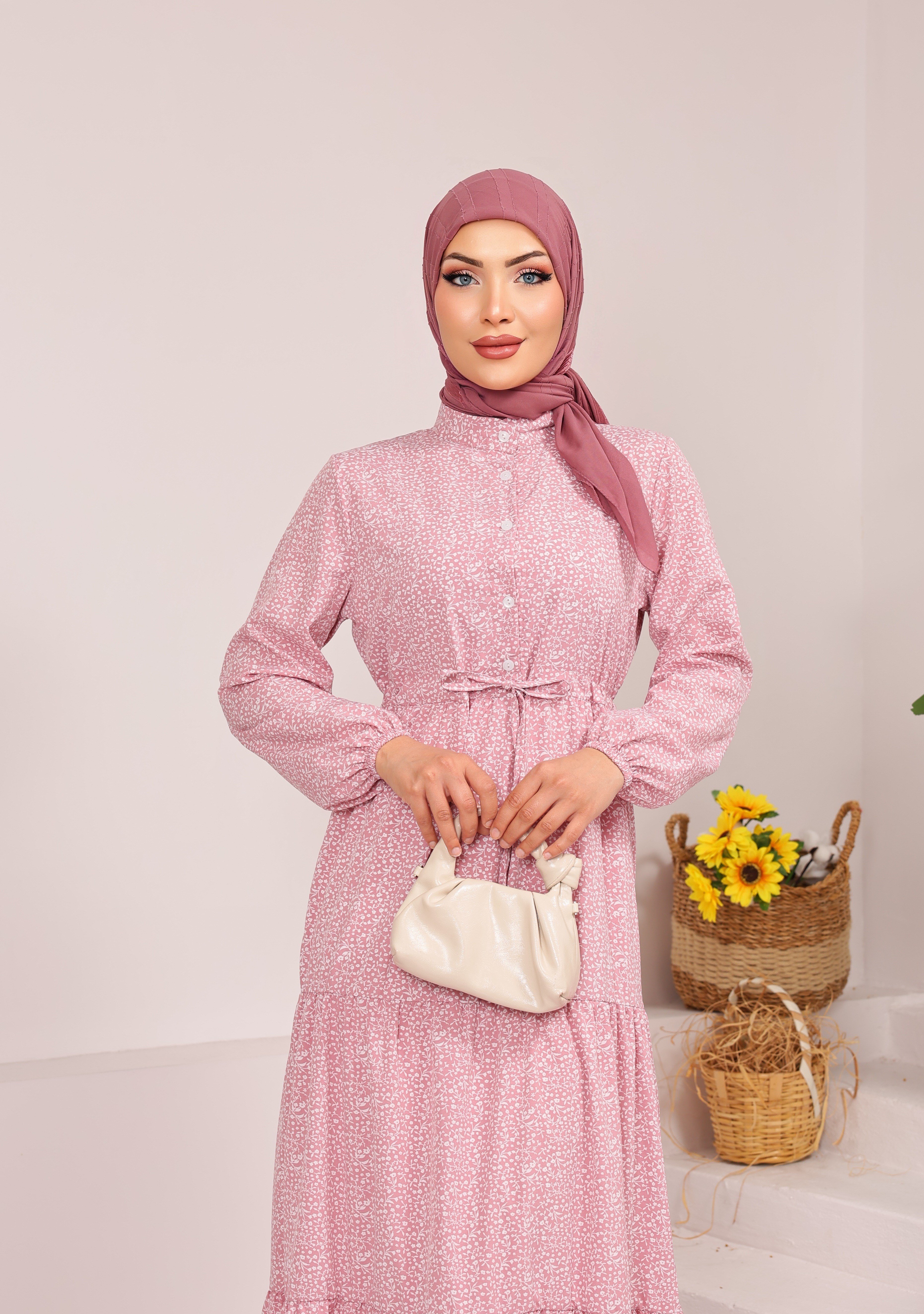 65426 ÇİÇEK DESENLİ BELDEN BAĞLAMALI YARIYA KADAR DÜĞMELİ VİSKON KUMAŞ ELBİSE  TOZ PEMBE 