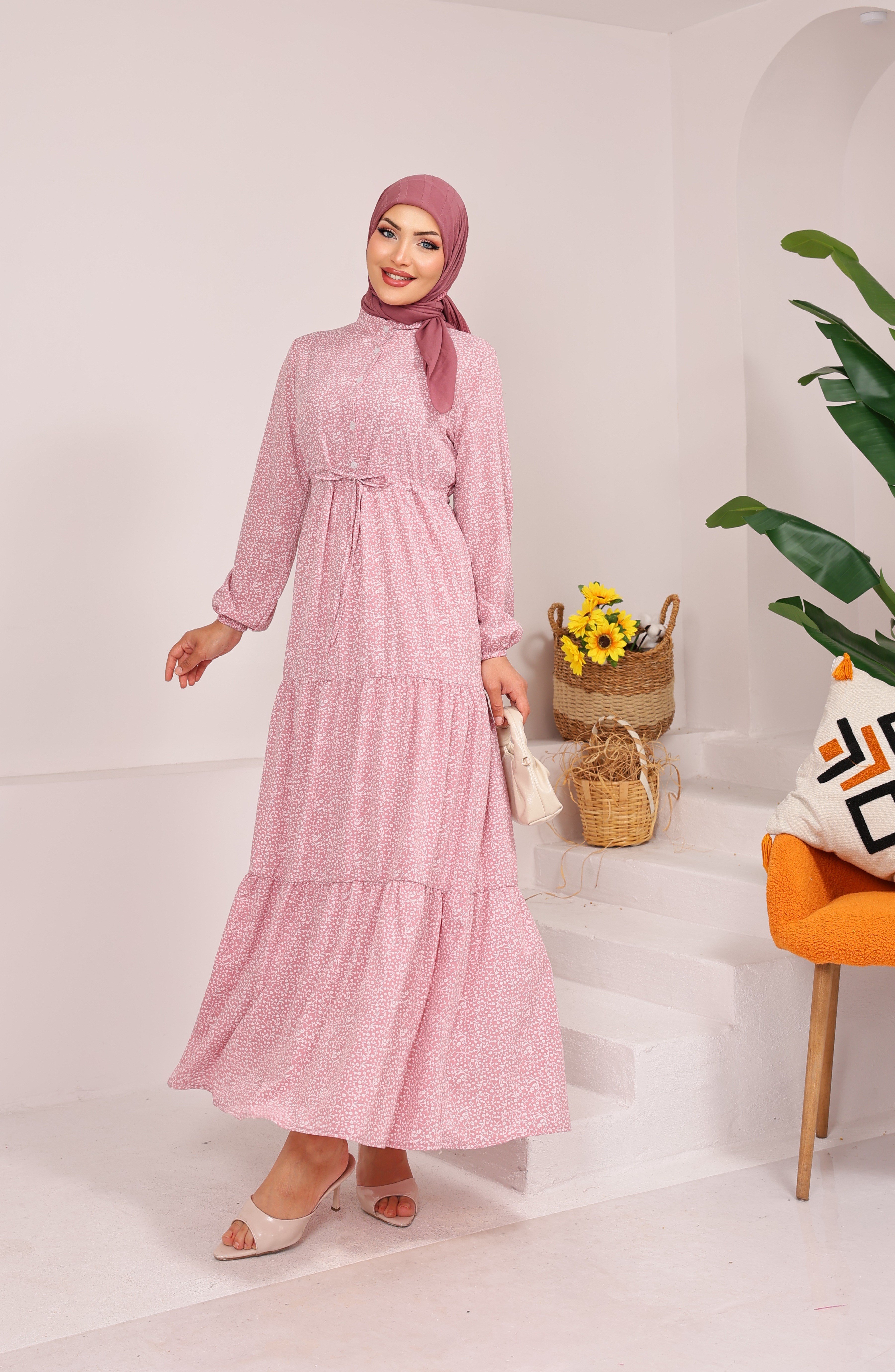 65426 ÇİÇEK DESENLİ BELDEN BAĞLAMALI YARIYA KADAR DÜĞMELİ VİSKON KUMAŞ ELBİSE  TOZ PEMBE 