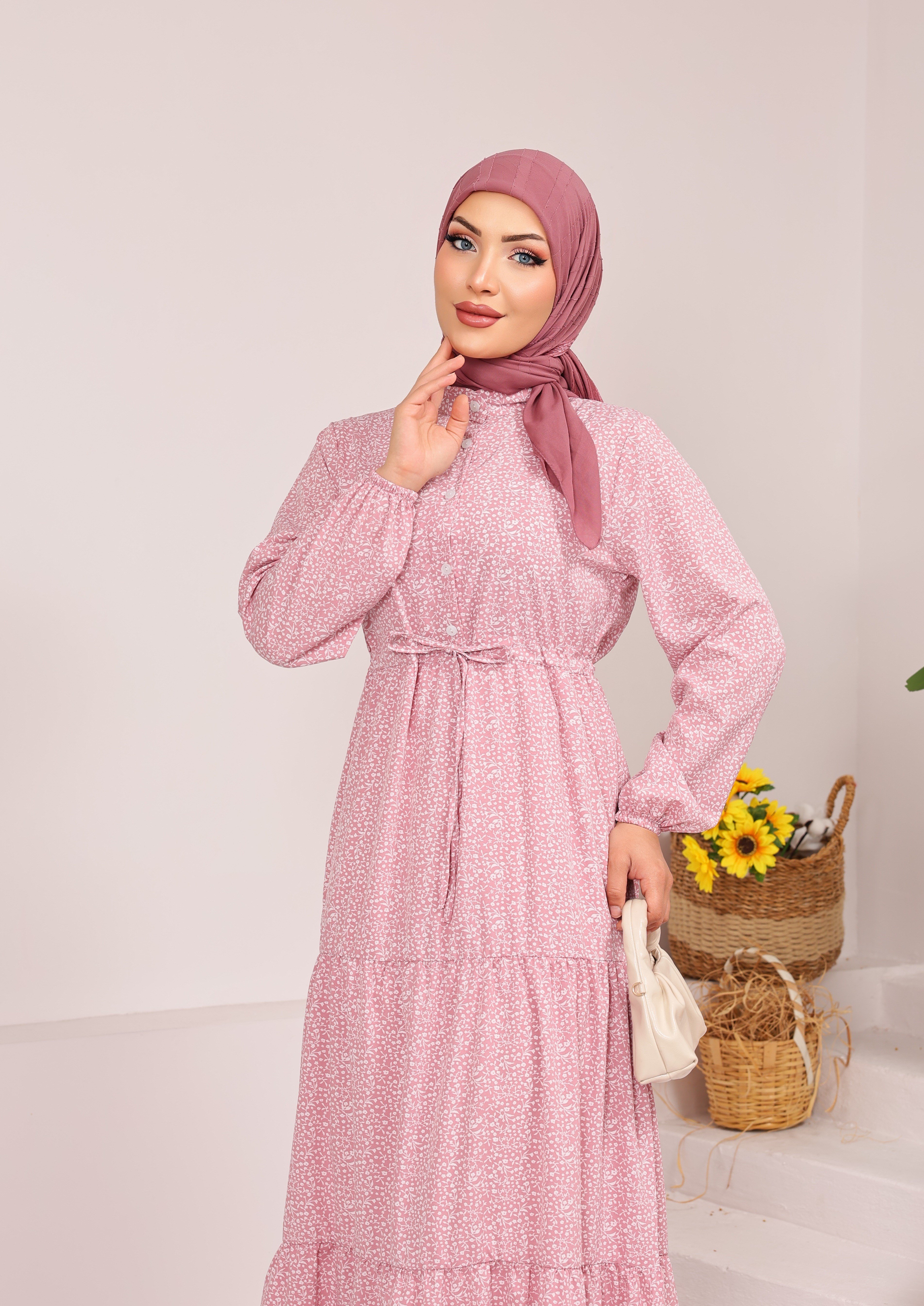 65426 ÇİÇEK DESENLİ BELDEN BAĞLAMALI YARIYA KADAR DÜĞMELİ VİSKON KUMAŞ ELBİSE  TOZ PEMBE 