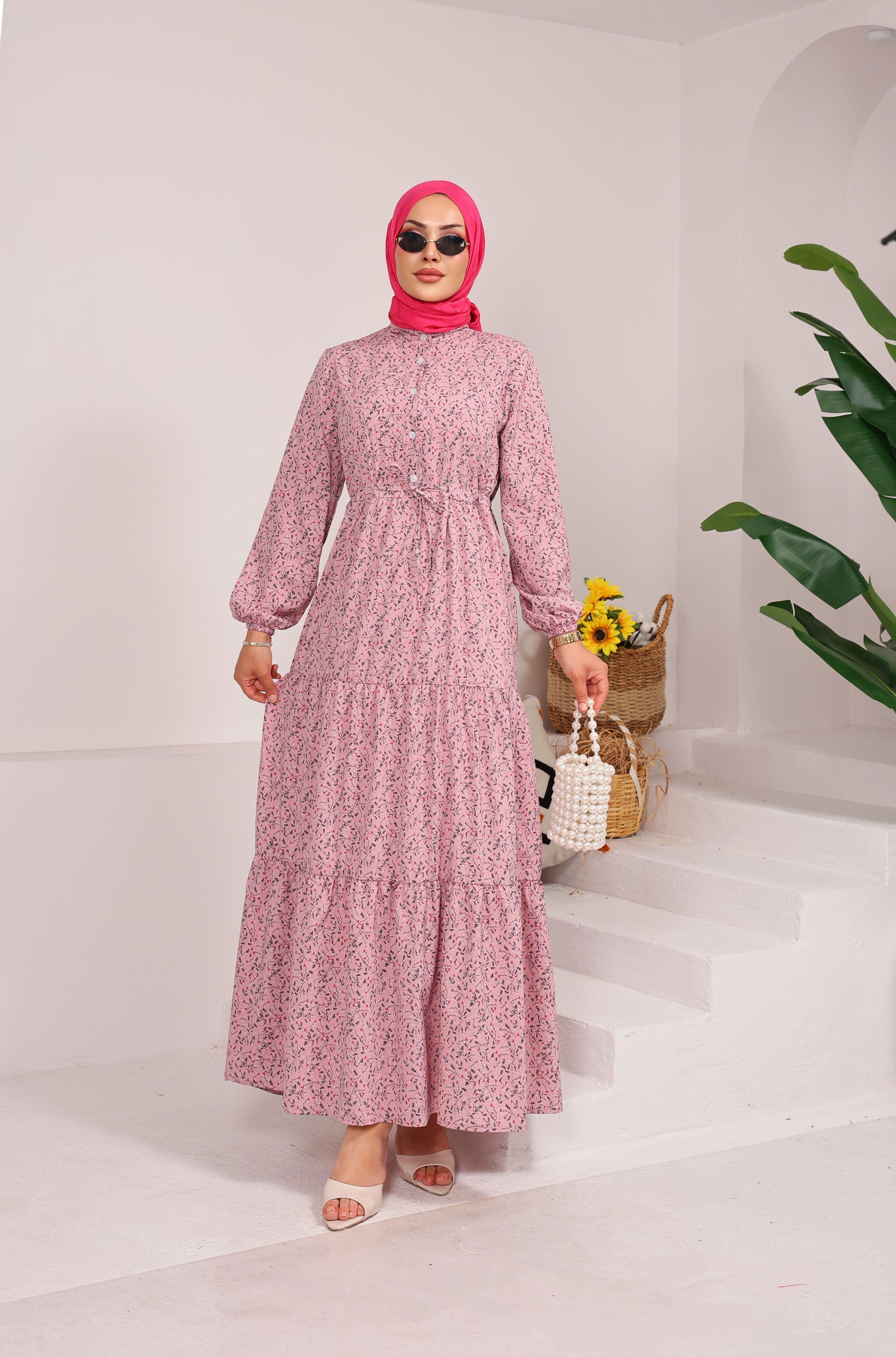 76153 ÇİÇEK DESENLİ BELDEN BAĞLAMALI VİSKON KUMAŞ ELBİSE PEMBE 