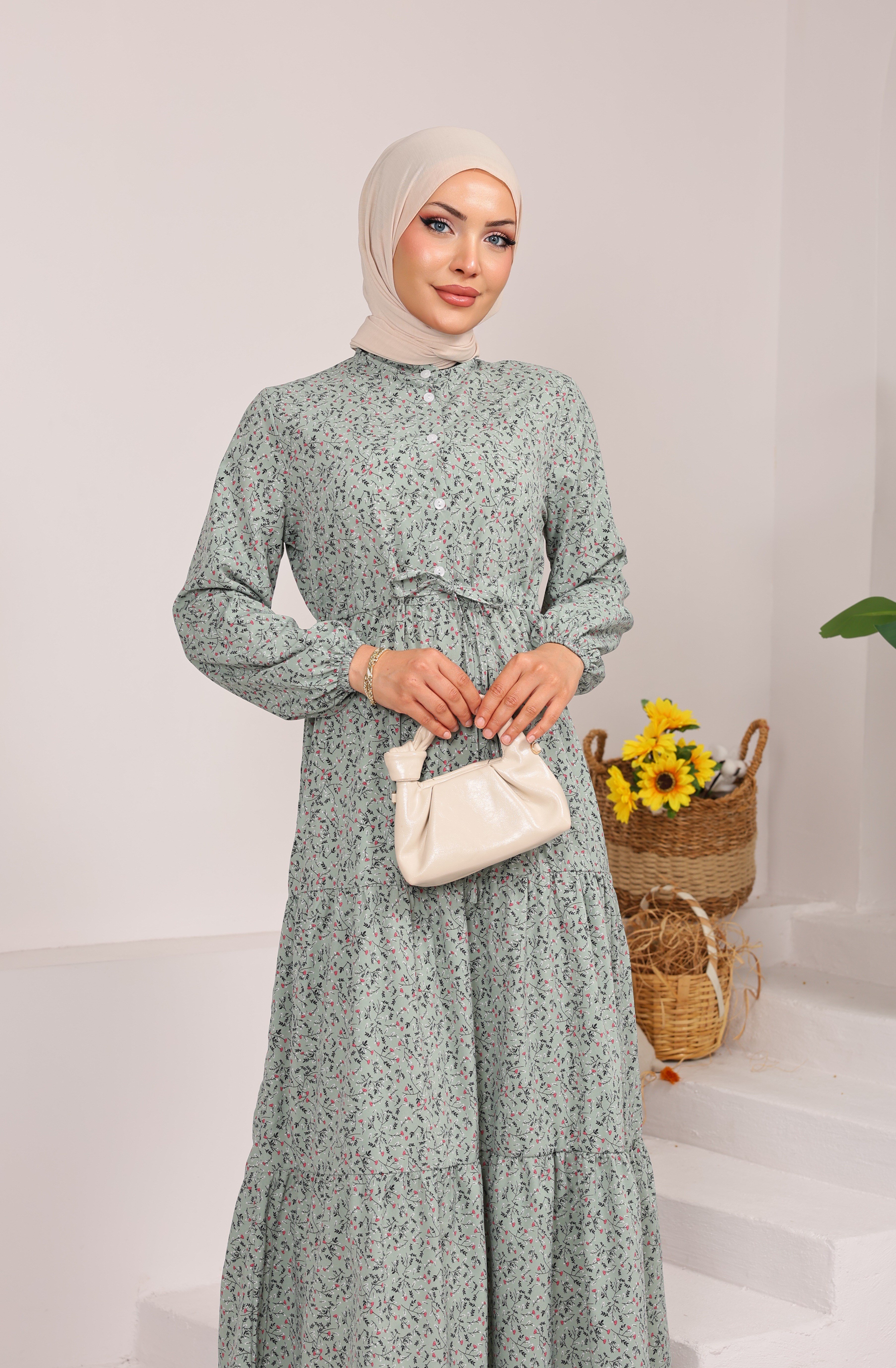 76153 ÇİÇEK DESENLİ BELDEN BAĞLAMALI VİSKON KUMAŞ ELBİSE YEŞİL 
