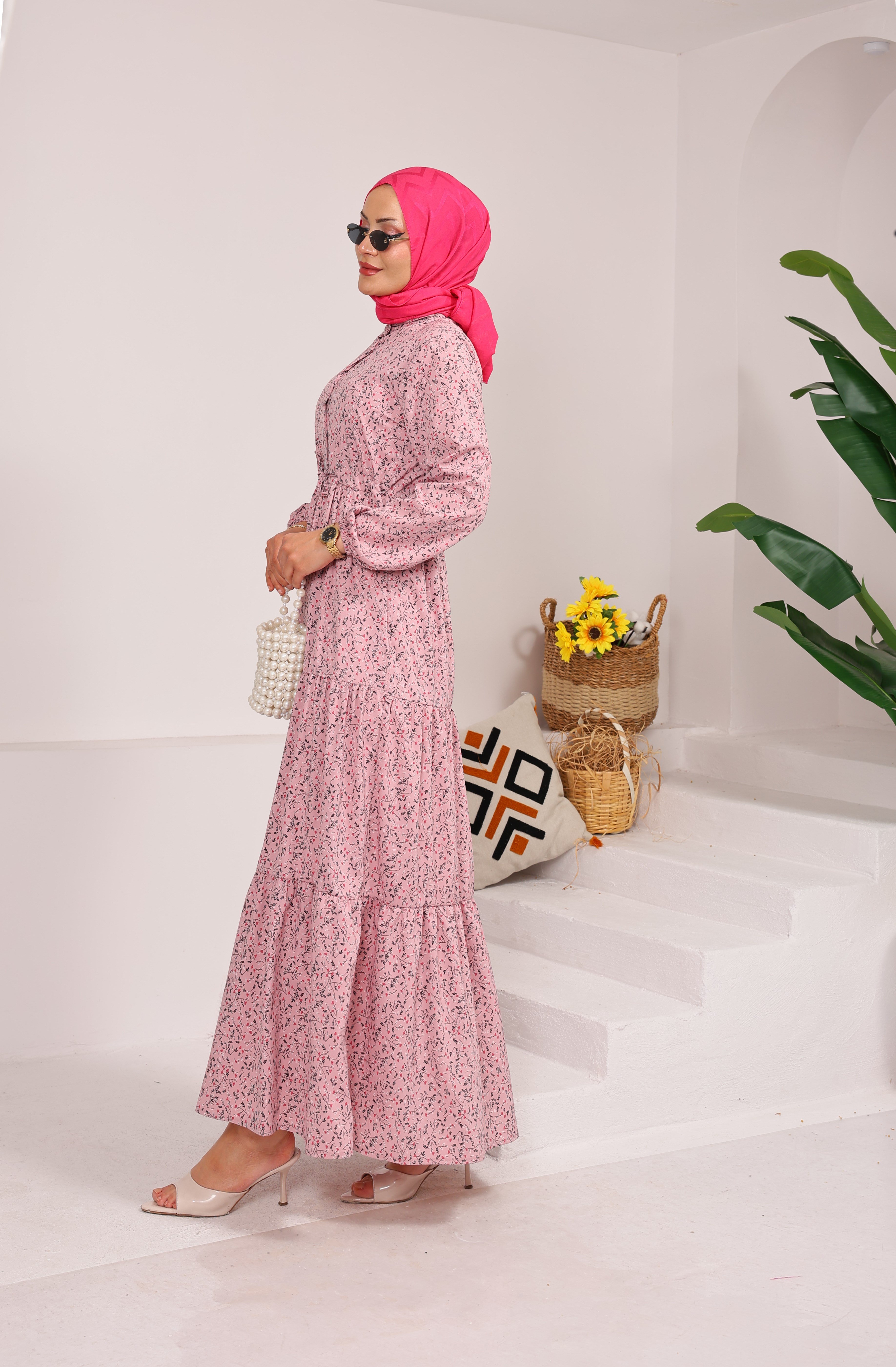 76153 ÇİÇEK DESENLİ BELDEN BAĞLAMALI VİSKON KUMAŞ ELBİSE PEMBE 