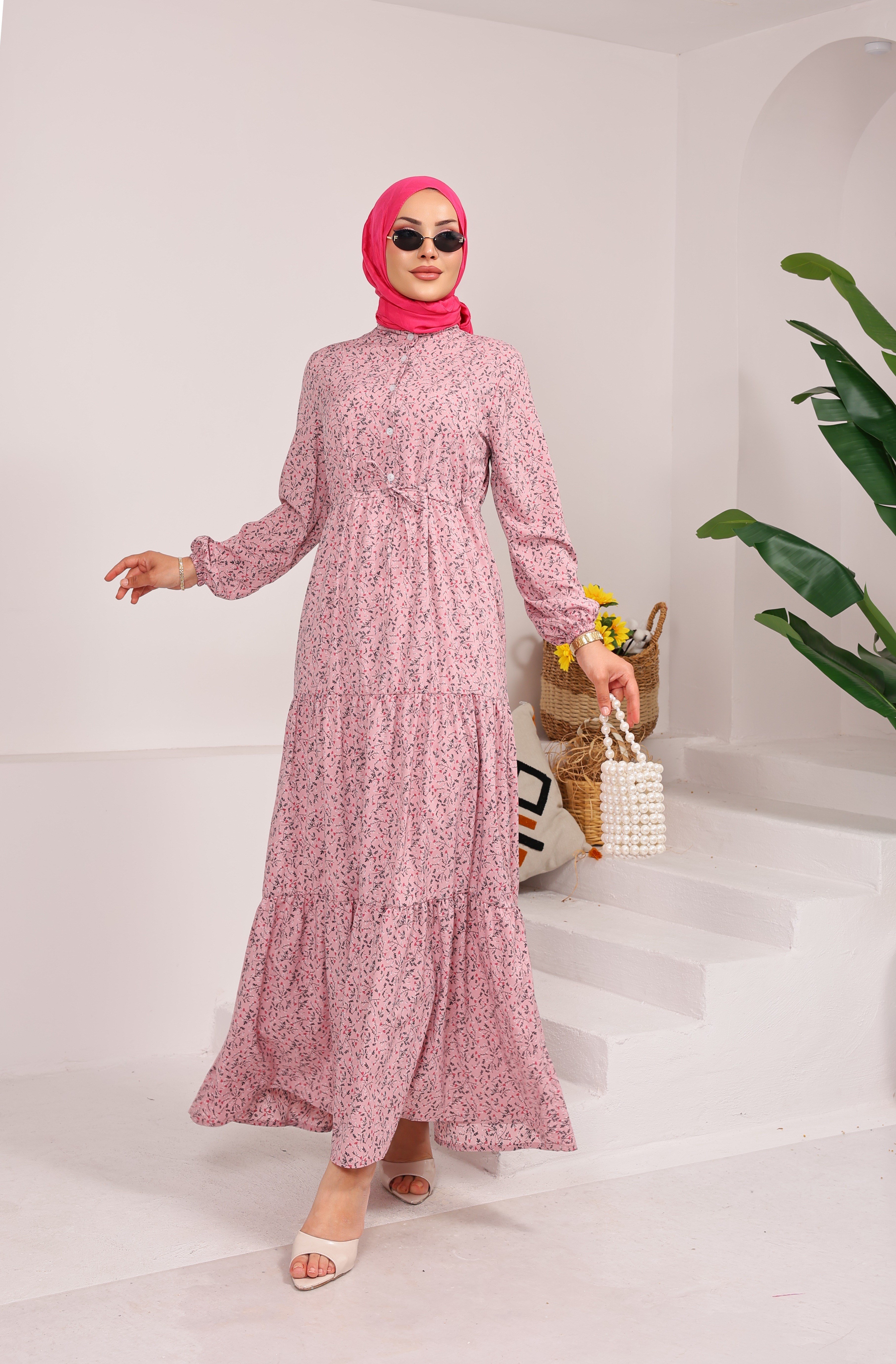 76153 ÇİÇEK DESENLİ BELDEN BAĞLAMALI VİSKON KUMAŞ ELBİSE PEMBE 