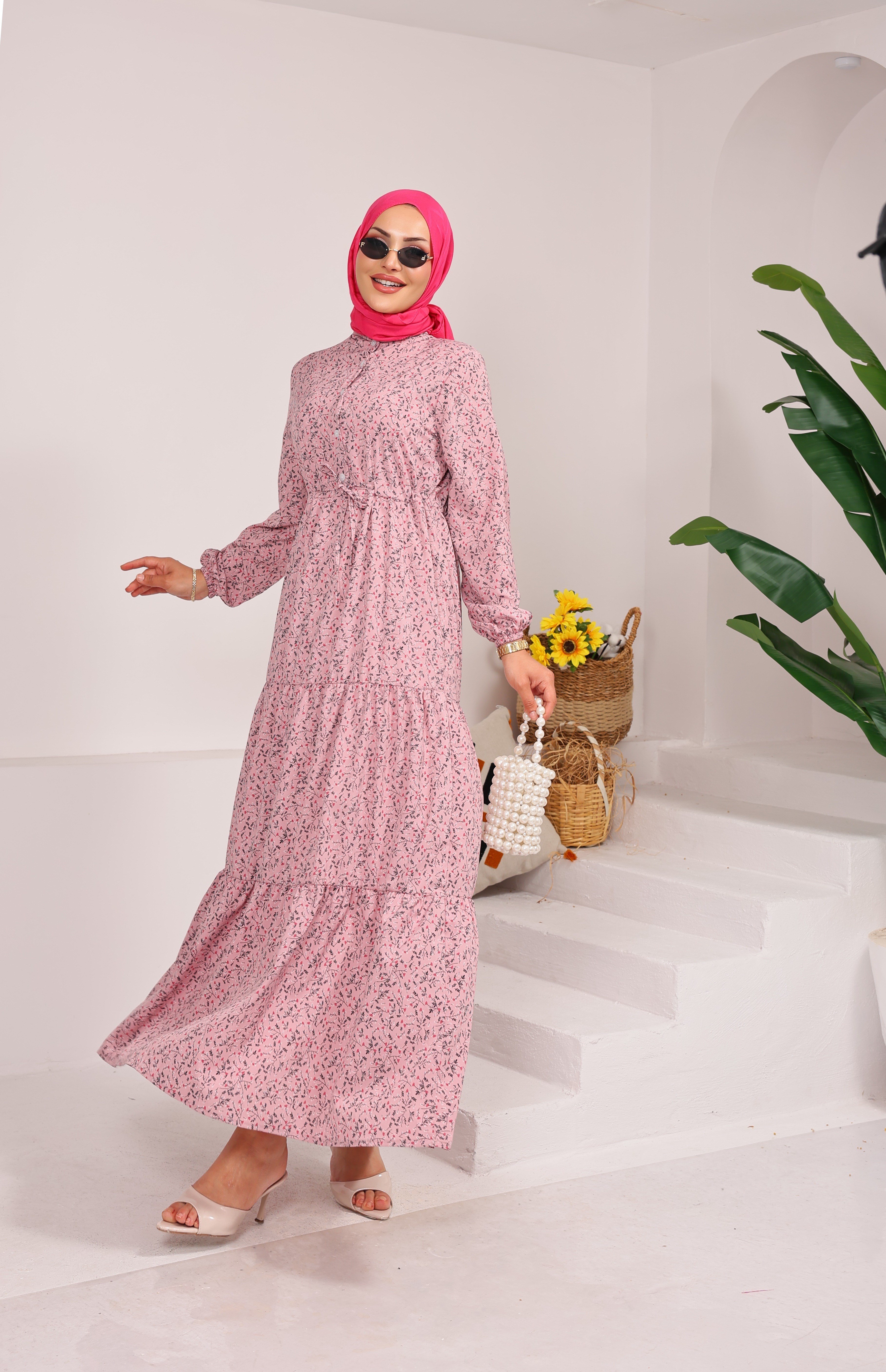 76153 ÇİÇEK DESENLİ BELDEN BAĞLAMALI VİSKON KUMAŞ ELBİSE PEMBE 