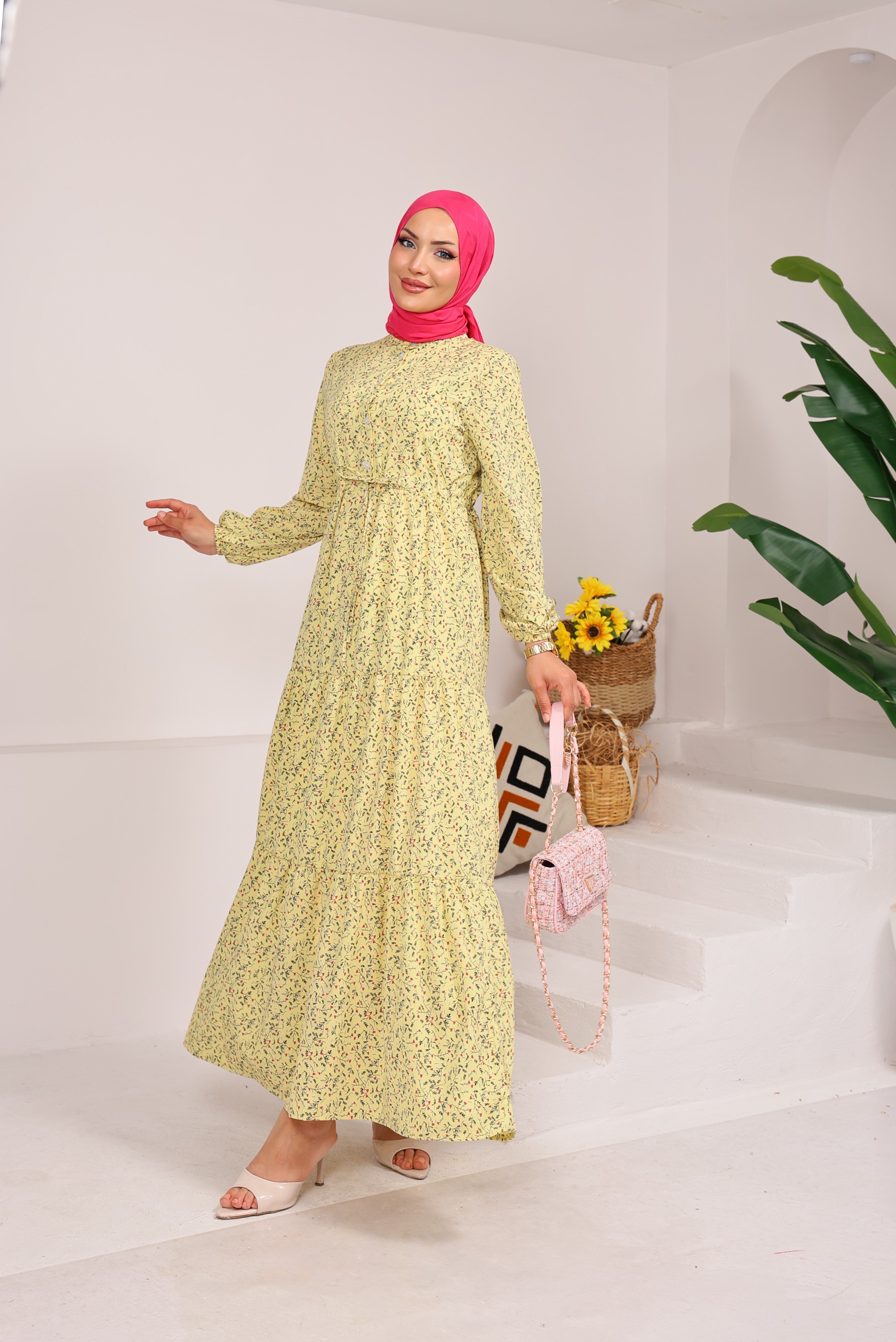 76153 ÇİÇEK DESENLİ BELDEN BAĞLAMALI VİSKON KUMAŞ ELBİSE SARI 