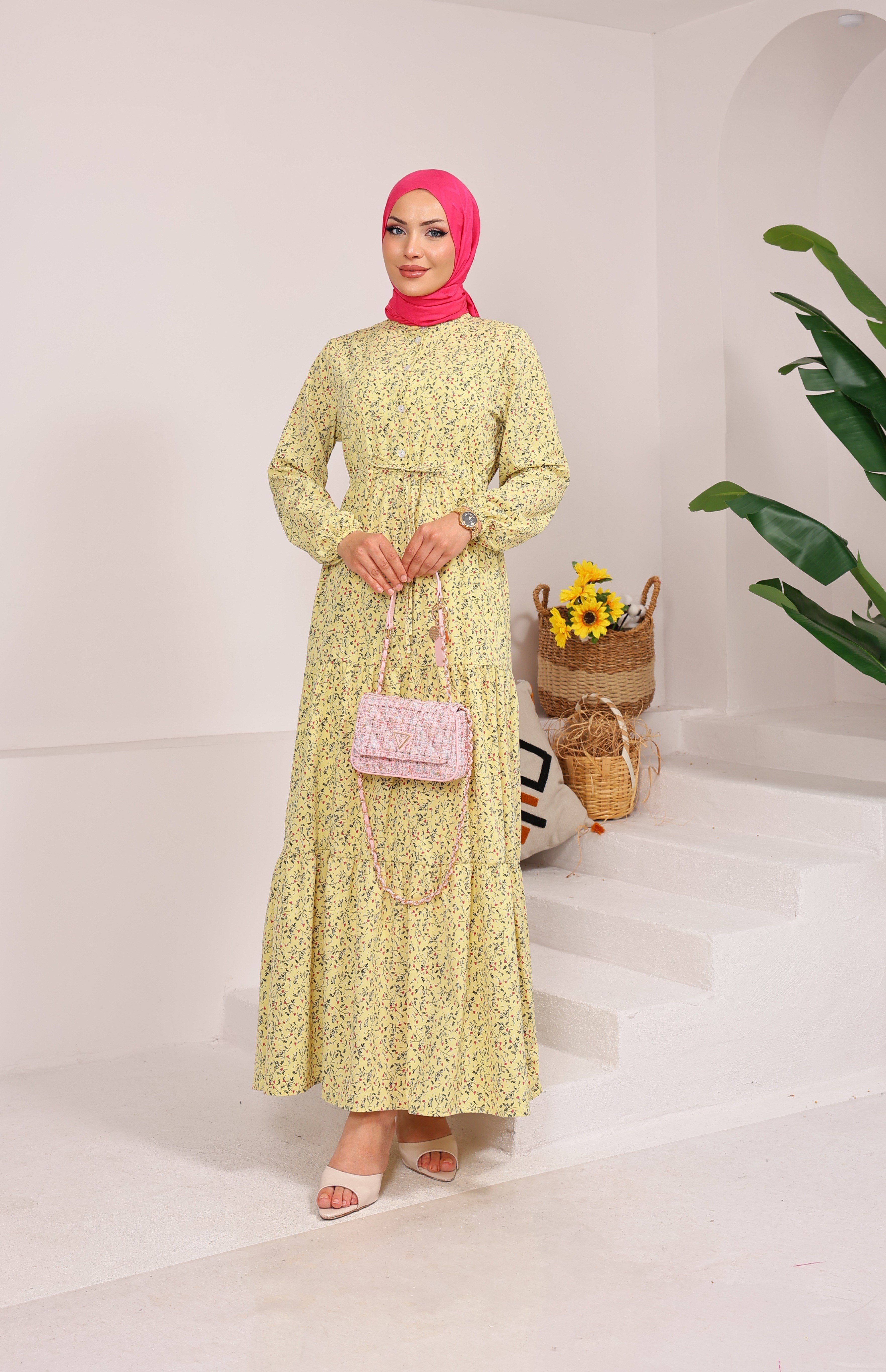 76153 ÇİÇEK DESENLİ BELDEN BAĞLAMALI VİSKON KUMAŞ ELBİSE SARI 