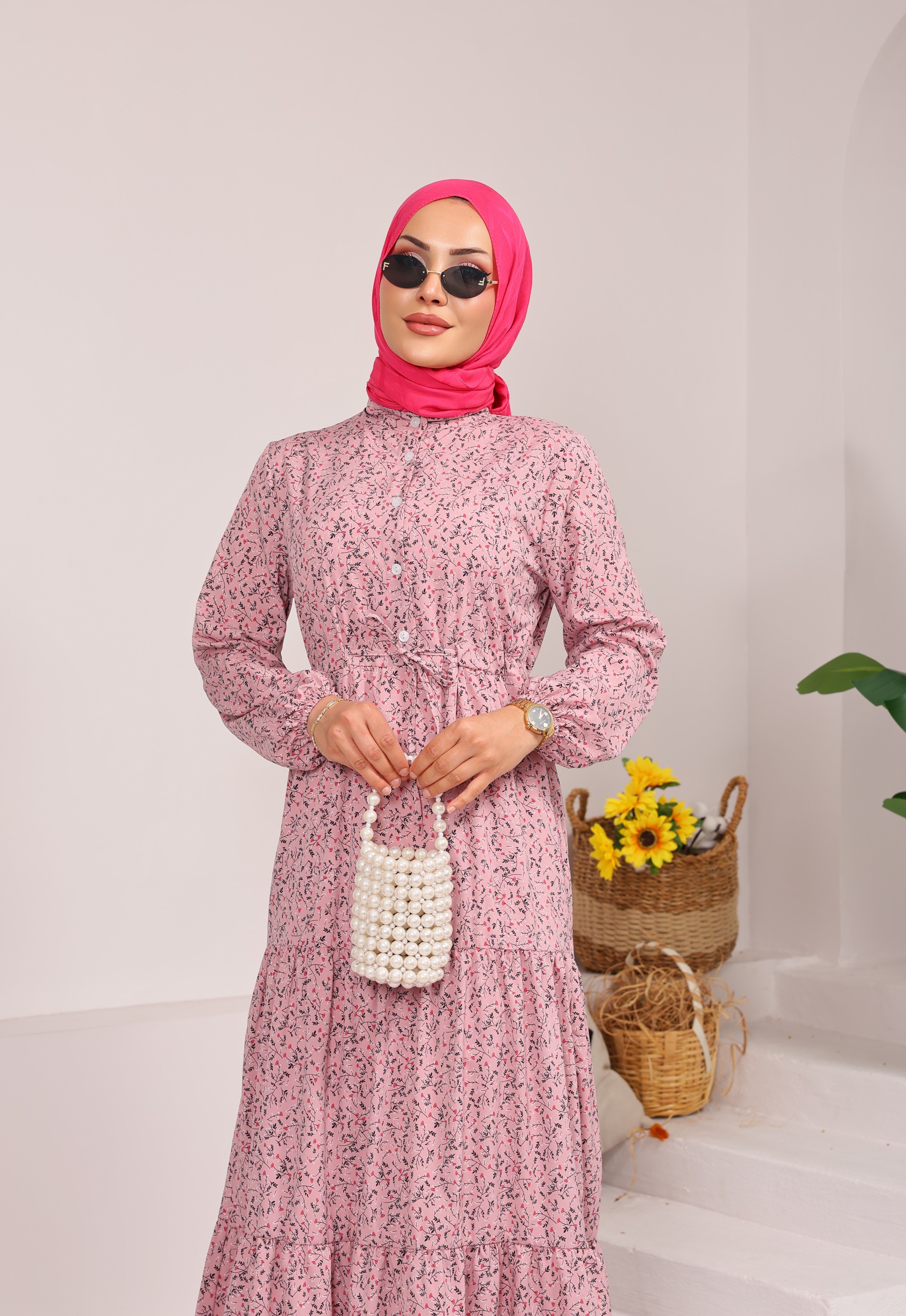 76153 ÇİÇEK DESENLİ BELDEN BAĞLAMALI VİSKON KUMAŞ ELBİSE PEMBE 
