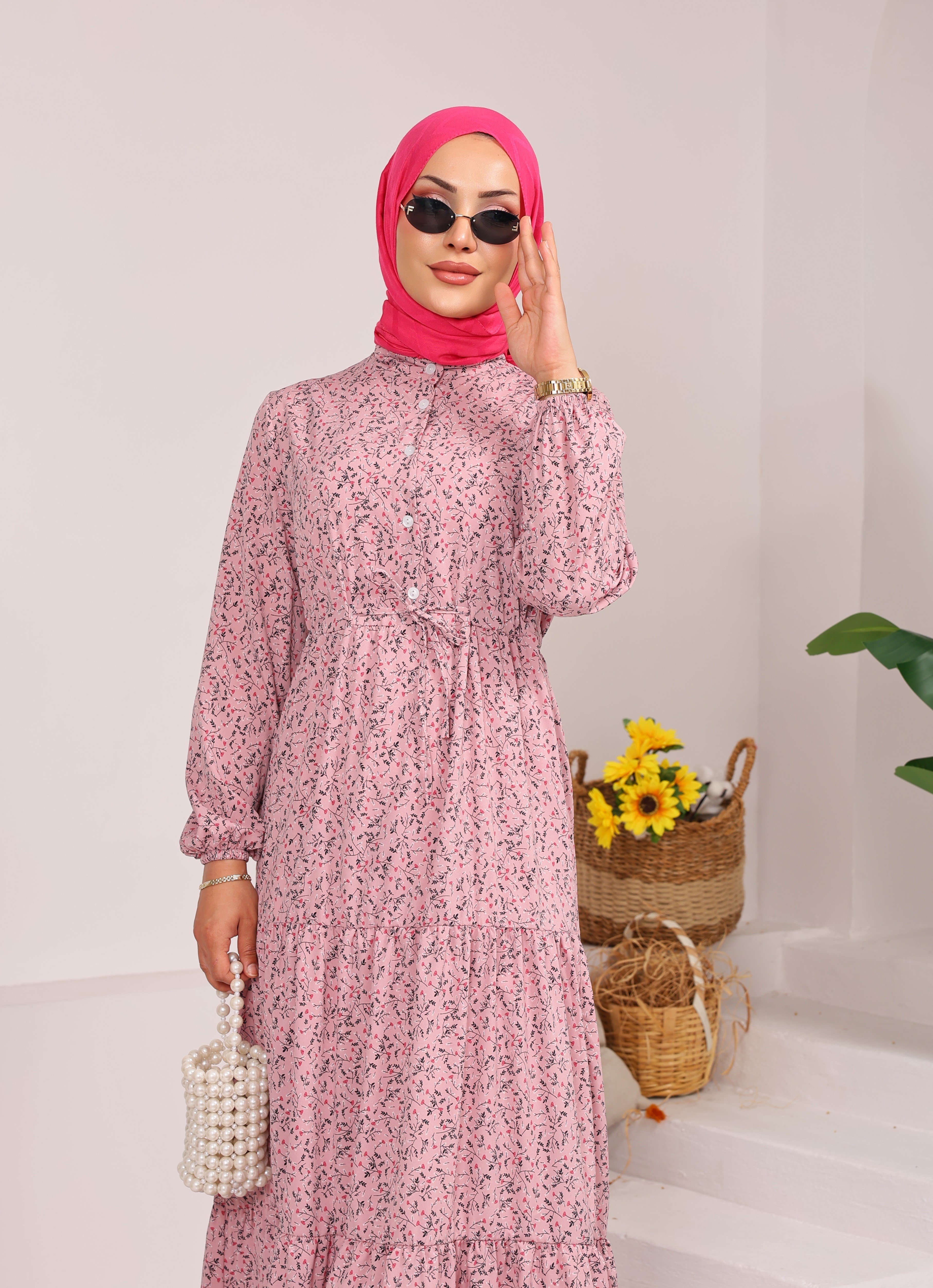 76153 ÇİÇEK DESENLİ BELDEN BAĞLAMALI VİSKON KUMAŞ ELBİSE PEMBE 