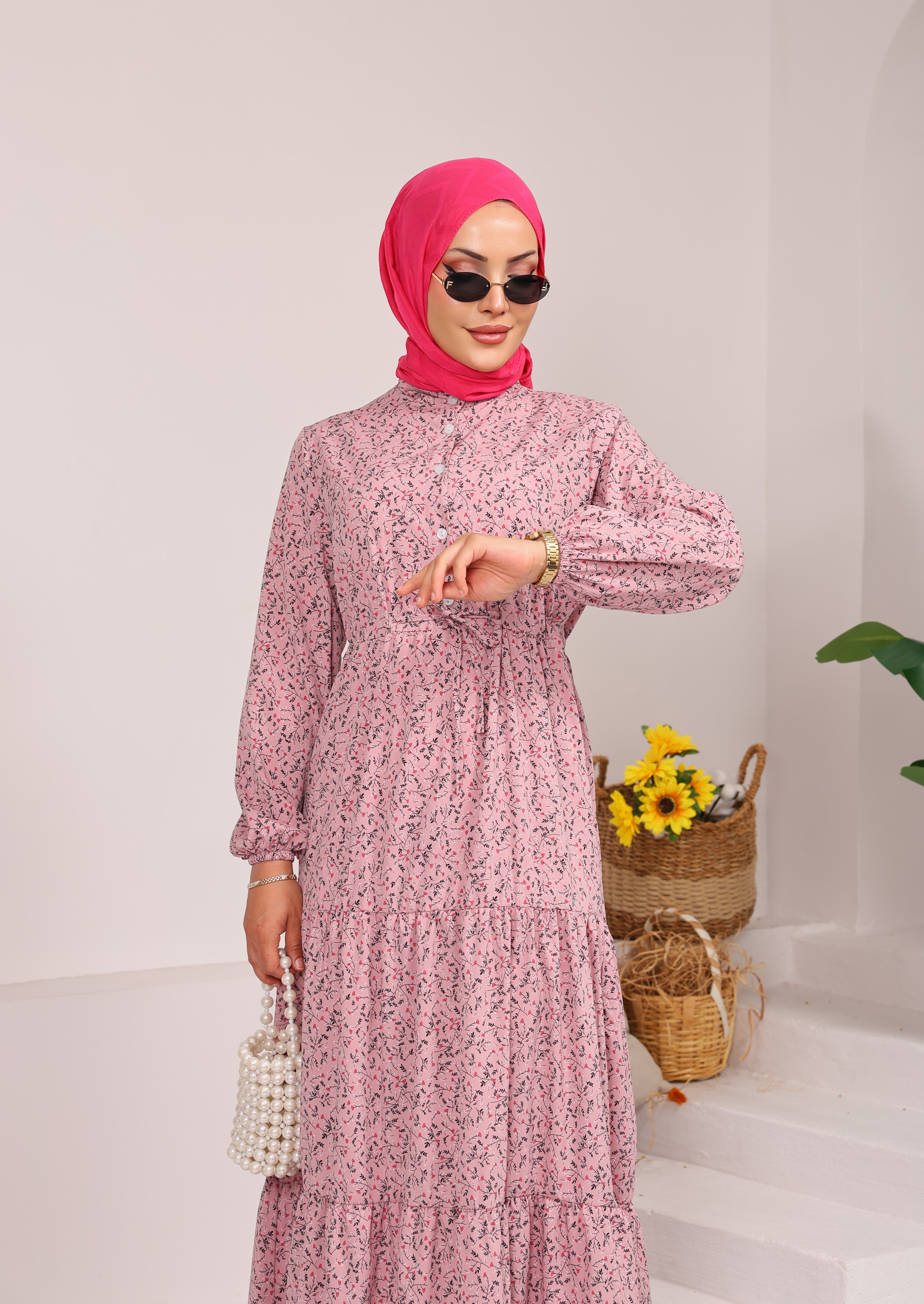 76153 ÇİÇEK DESENLİ BELDEN BAĞLAMALI VİSKON KUMAŞ ELBİSE PEMBE 