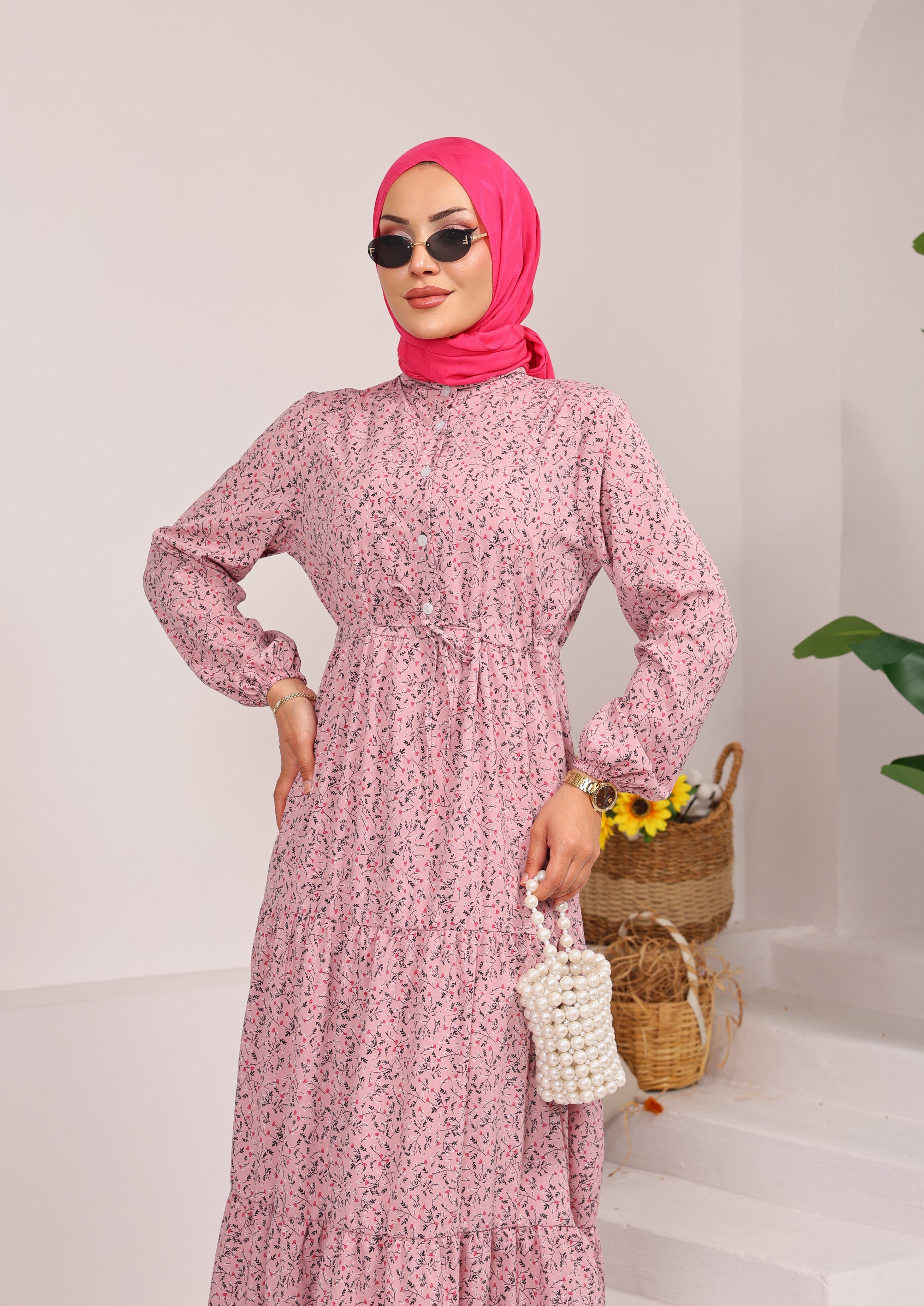 76153 ÇİÇEK DESENLİ BELDEN BAĞLAMALI VİSKON KUMAŞ ELBİSE PEMBE 