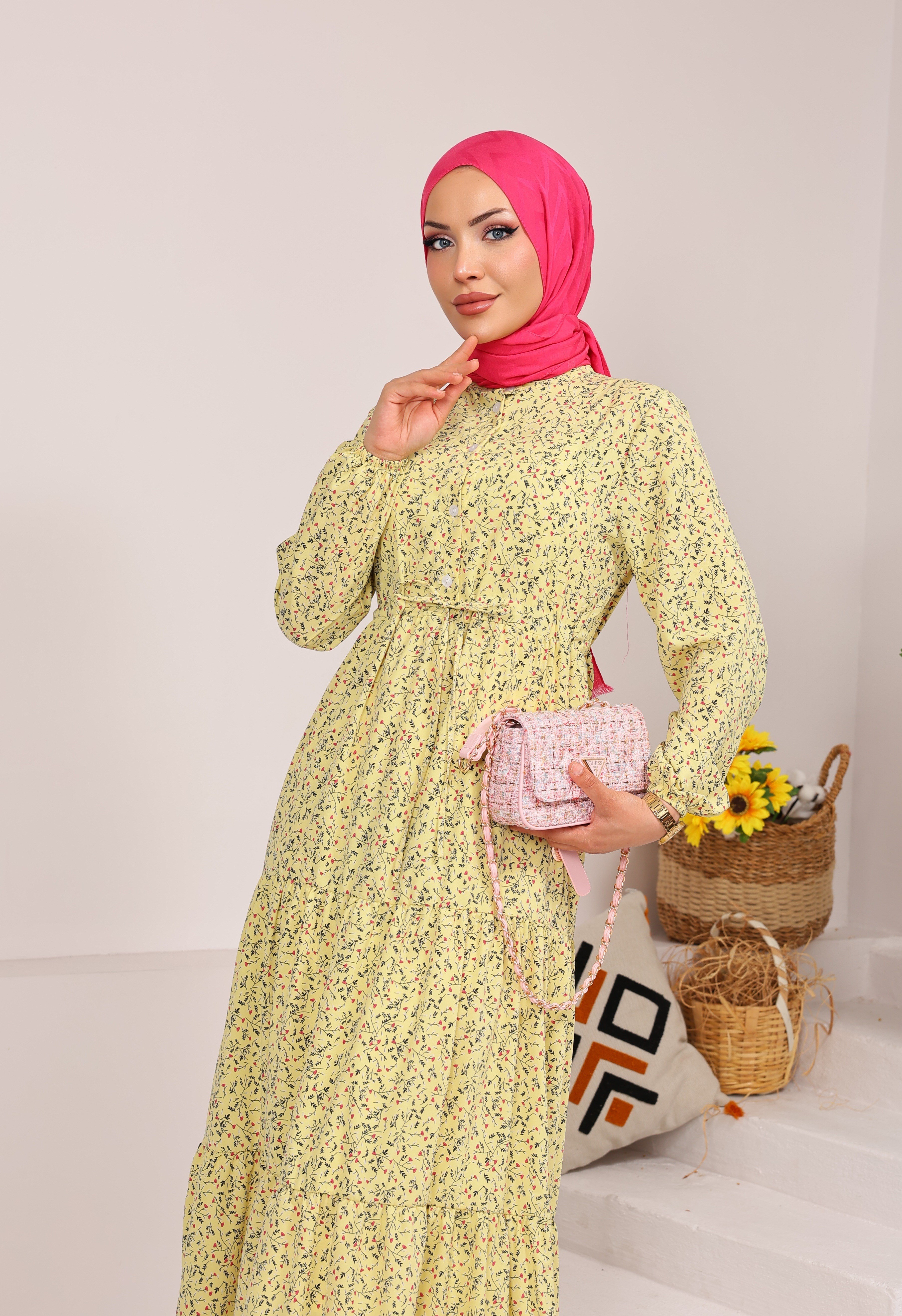 76153 ÇİÇEK DESENLİ BELDEN BAĞLAMALI VİSKON KUMAŞ ELBİSE SARI 