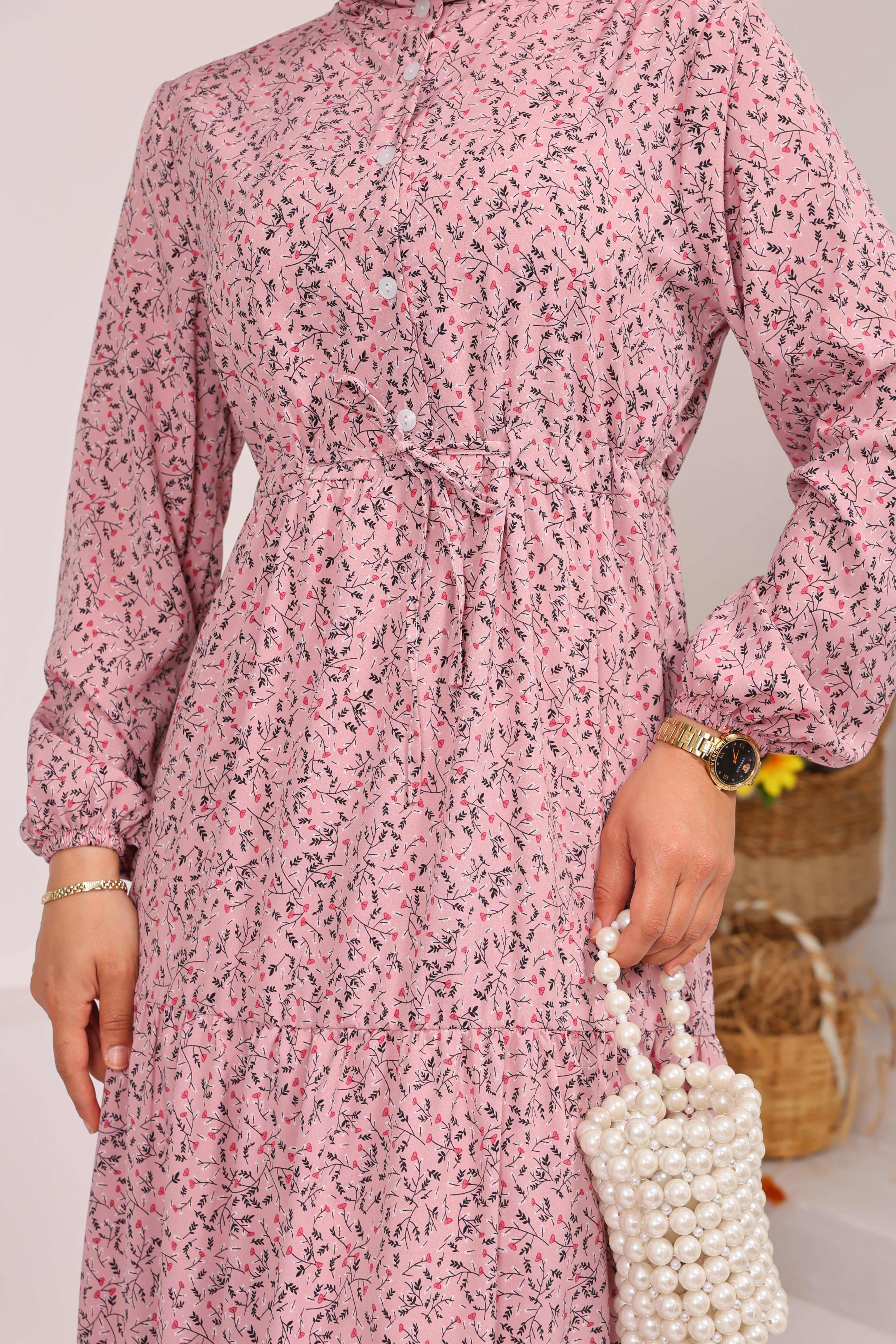 76153 ÇİÇEK DESENLİ BELDEN BAĞLAMALI VİSKON KUMAŞ ELBİSE PEMBE 