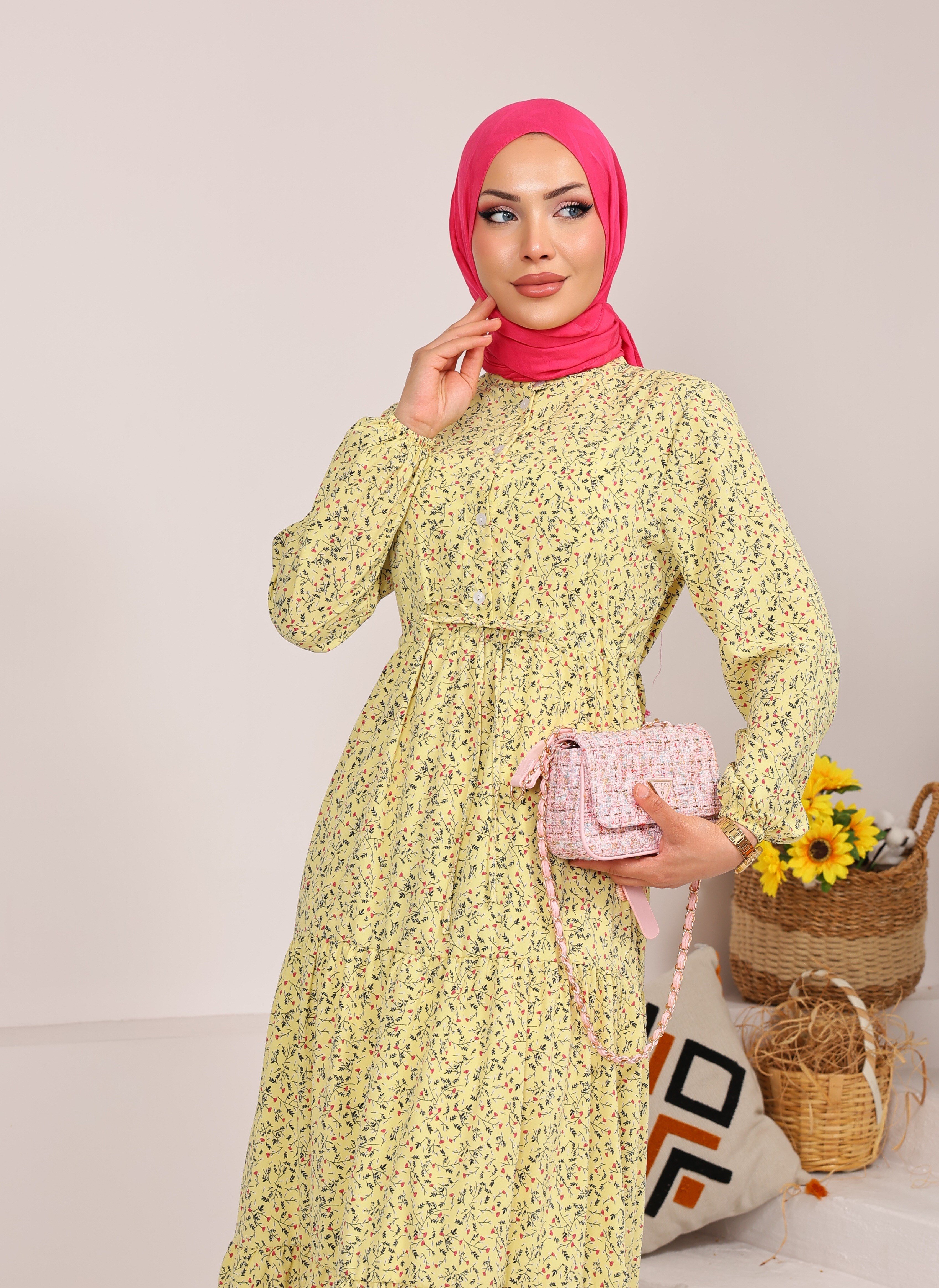 76153 ÇİÇEK DESENLİ BELDEN BAĞLAMALI VİSKON KUMAŞ ELBİSE SARI 