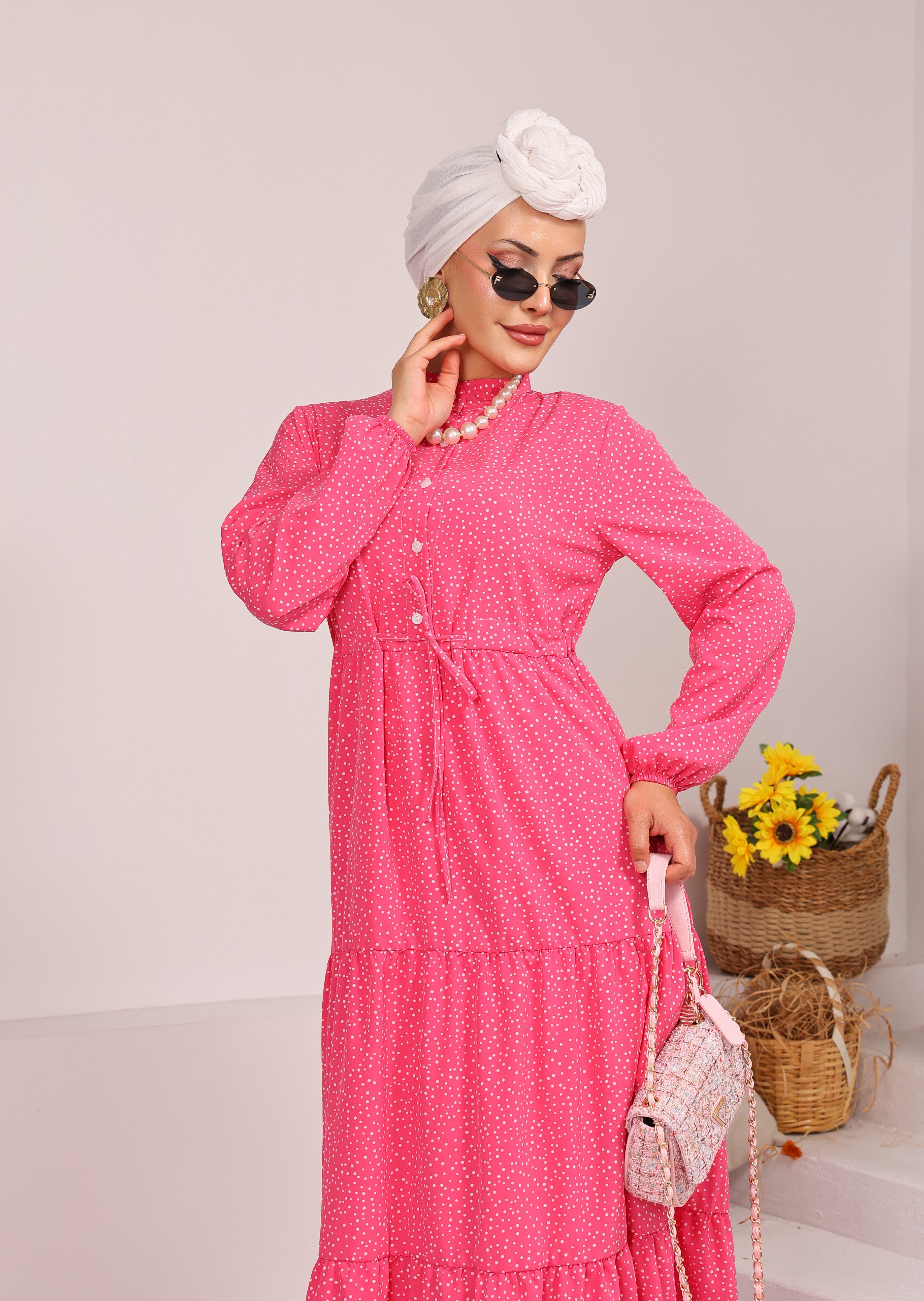 86210 KÜÇÜK PUANTİYELİ YARIYA KADAR DÜĞMELİ VİSKON KUMAŞ ELBİSE PEMBE 