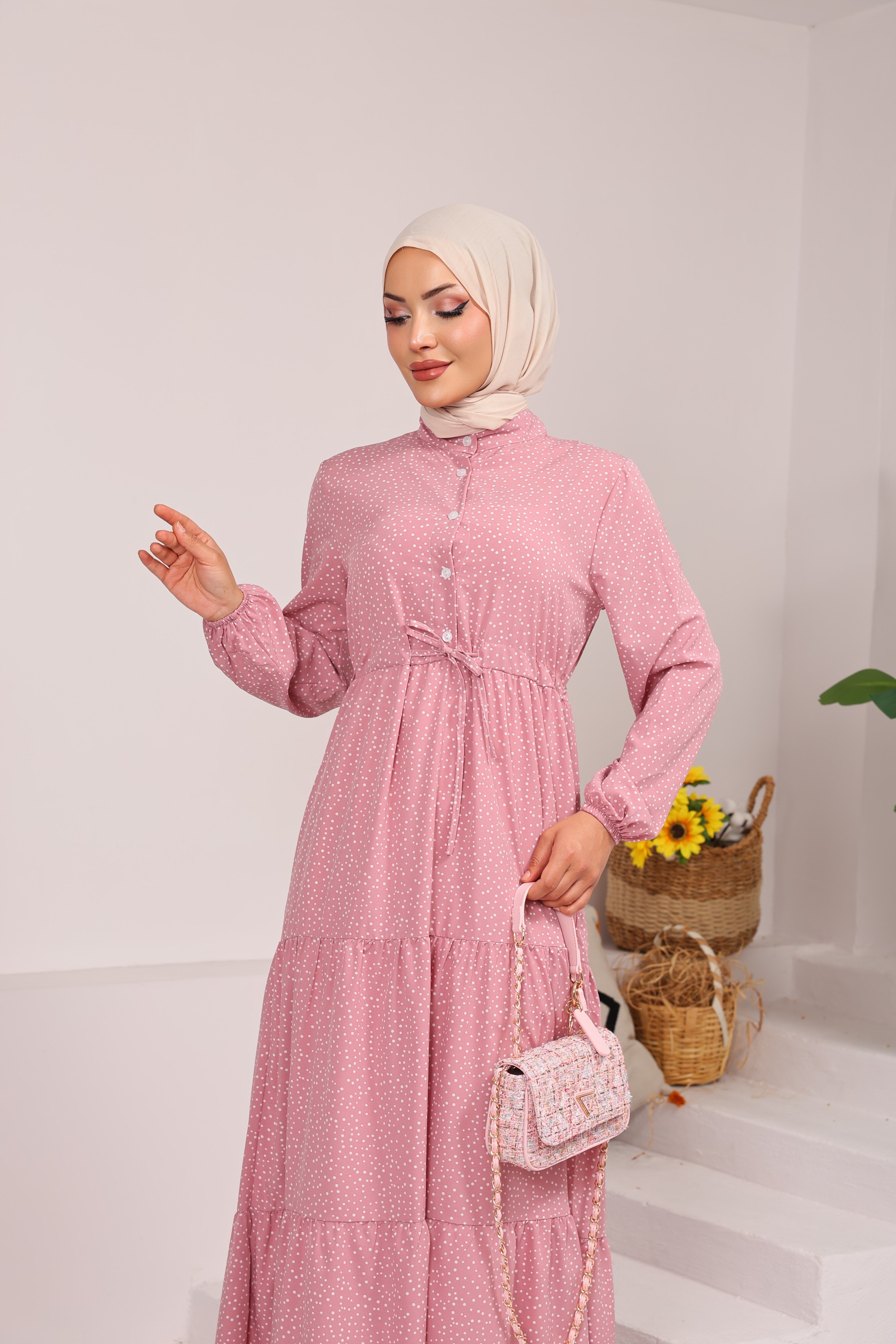 86210 KÜÇÜK PUANTİYELİ YARIYA KADAR DÜĞMELİ VİSKON KUMAŞ ELBİSE TOZ PEMBE 