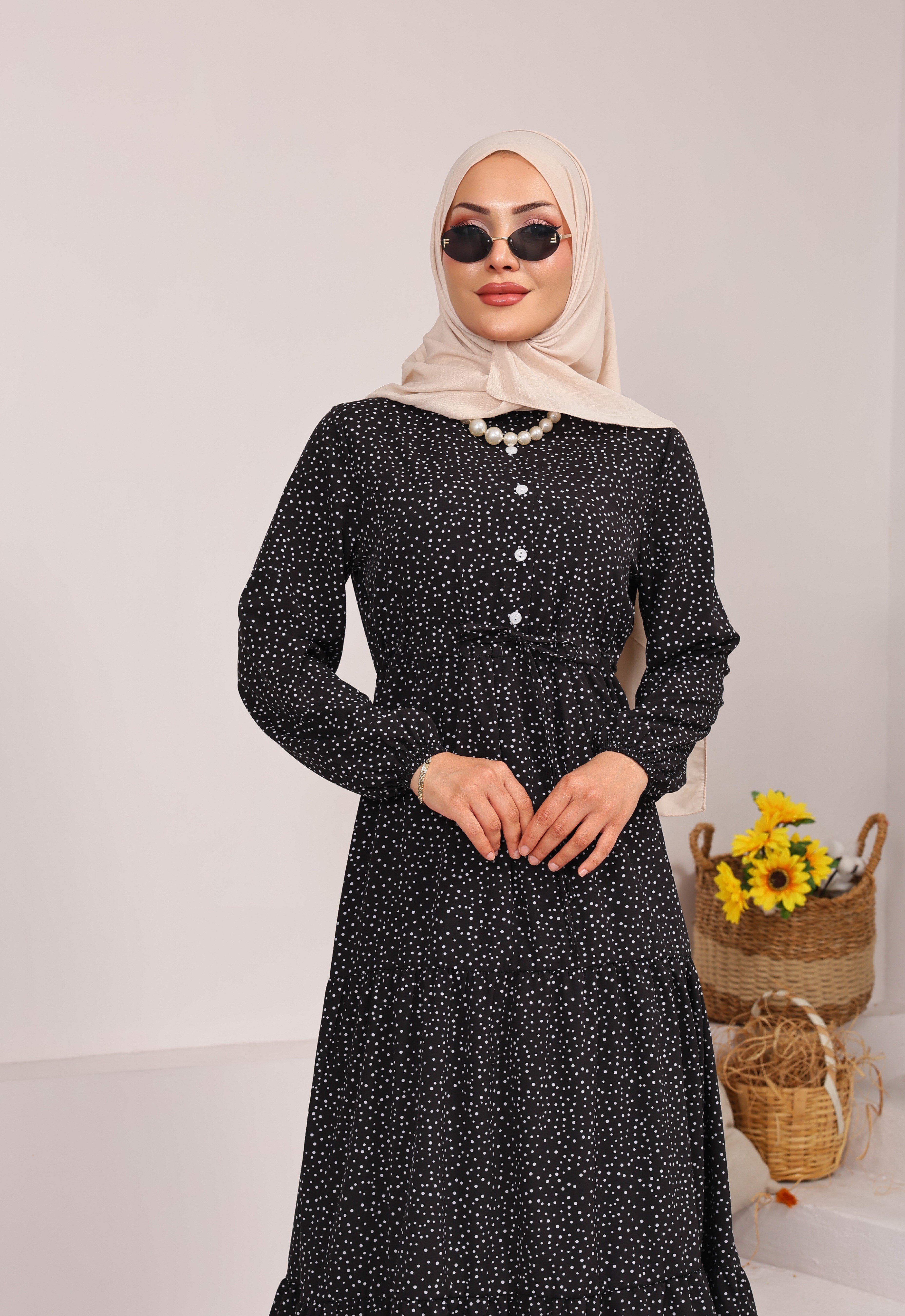 86210 KÜÇÜK PUANTİYELİ YARIYA KADAR DÜĞMELİ VİSKON KUMAŞ ELBİSE SİYAH 