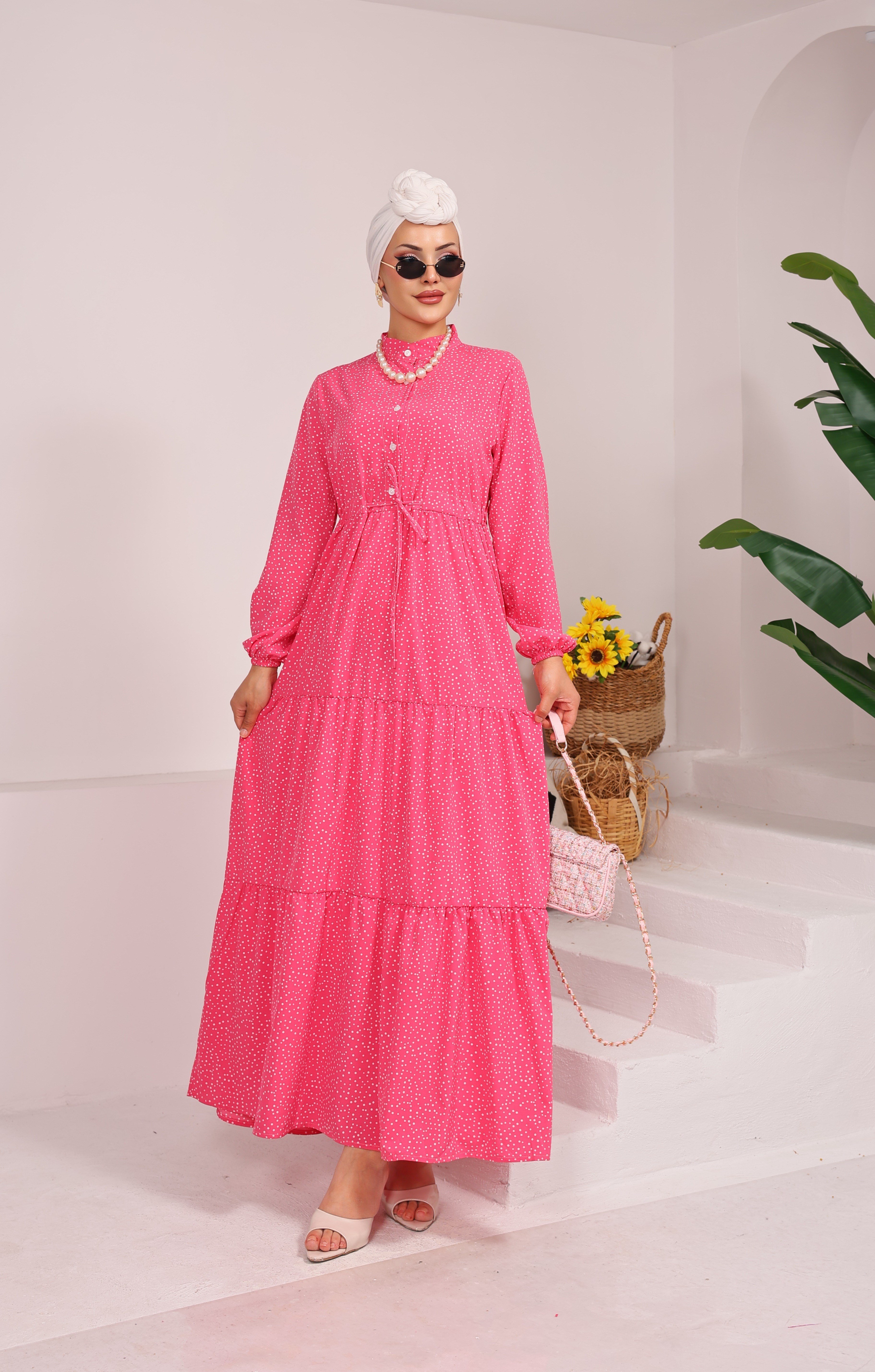 86210 KÜÇÜK PUANTİYELİ YARIYA KADAR DÜĞMELİ VİSKON KUMAŞ ELBİSE PEMBE 