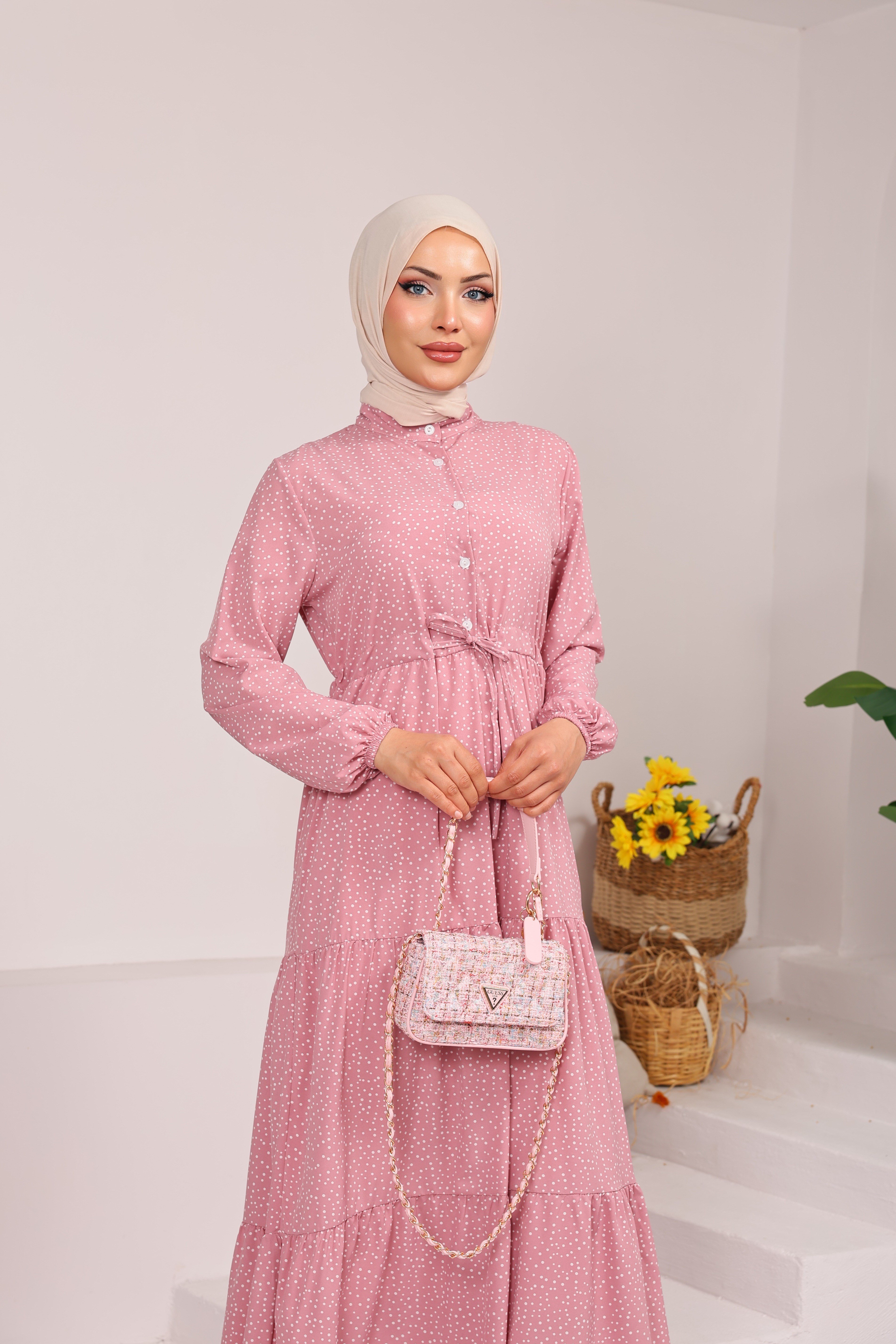 86210 KÜÇÜK PUANTİYELİ YARIYA KADAR DÜĞMELİ VİSKON KUMAŞ ELBİSE TOZ PEMBE 