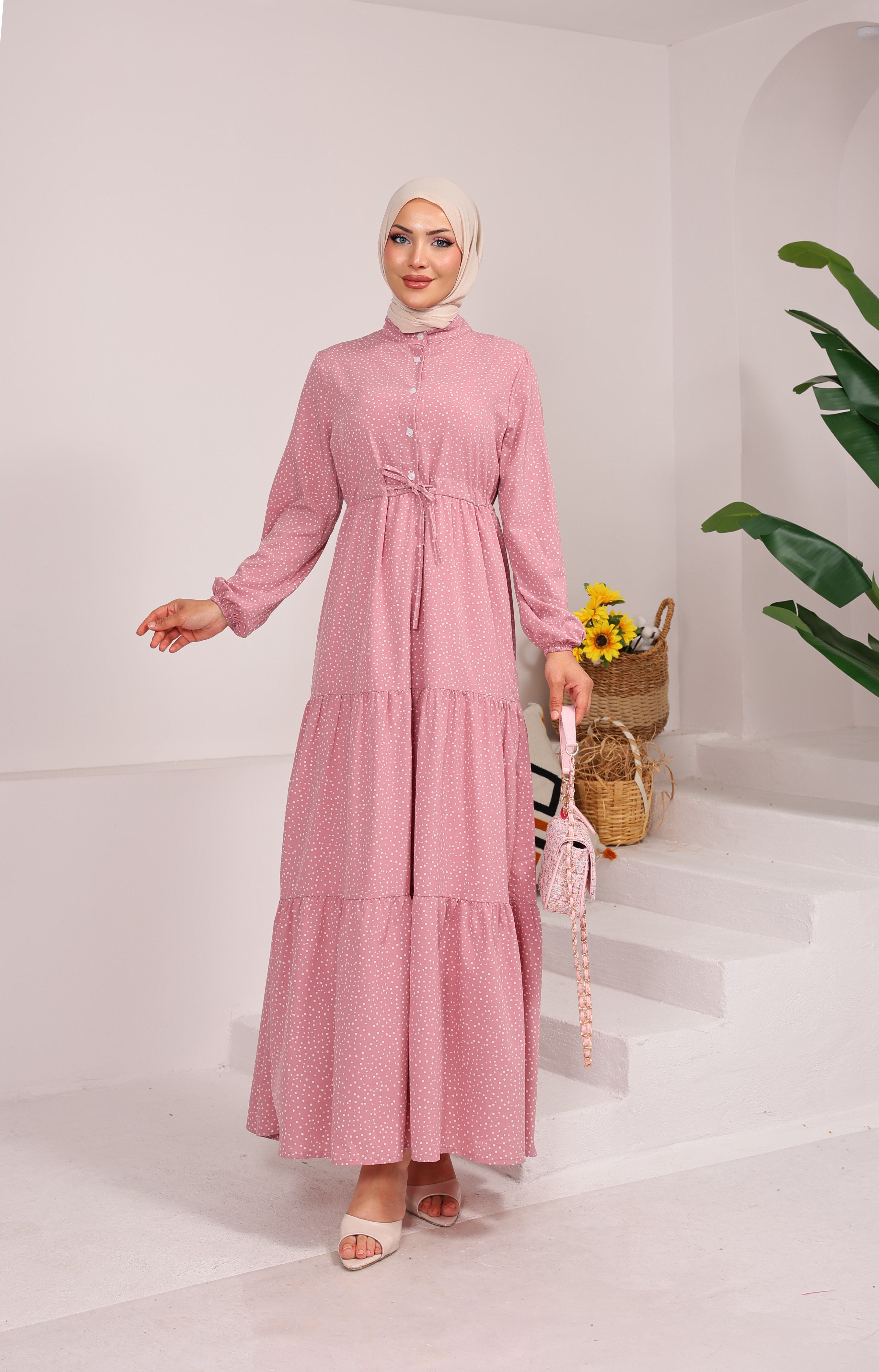 86210 KÜÇÜK PUANTİYELİ YARIYA KADAR DÜĞMELİ VİSKON KUMAŞ ELBİSE TOZ PEMBE 