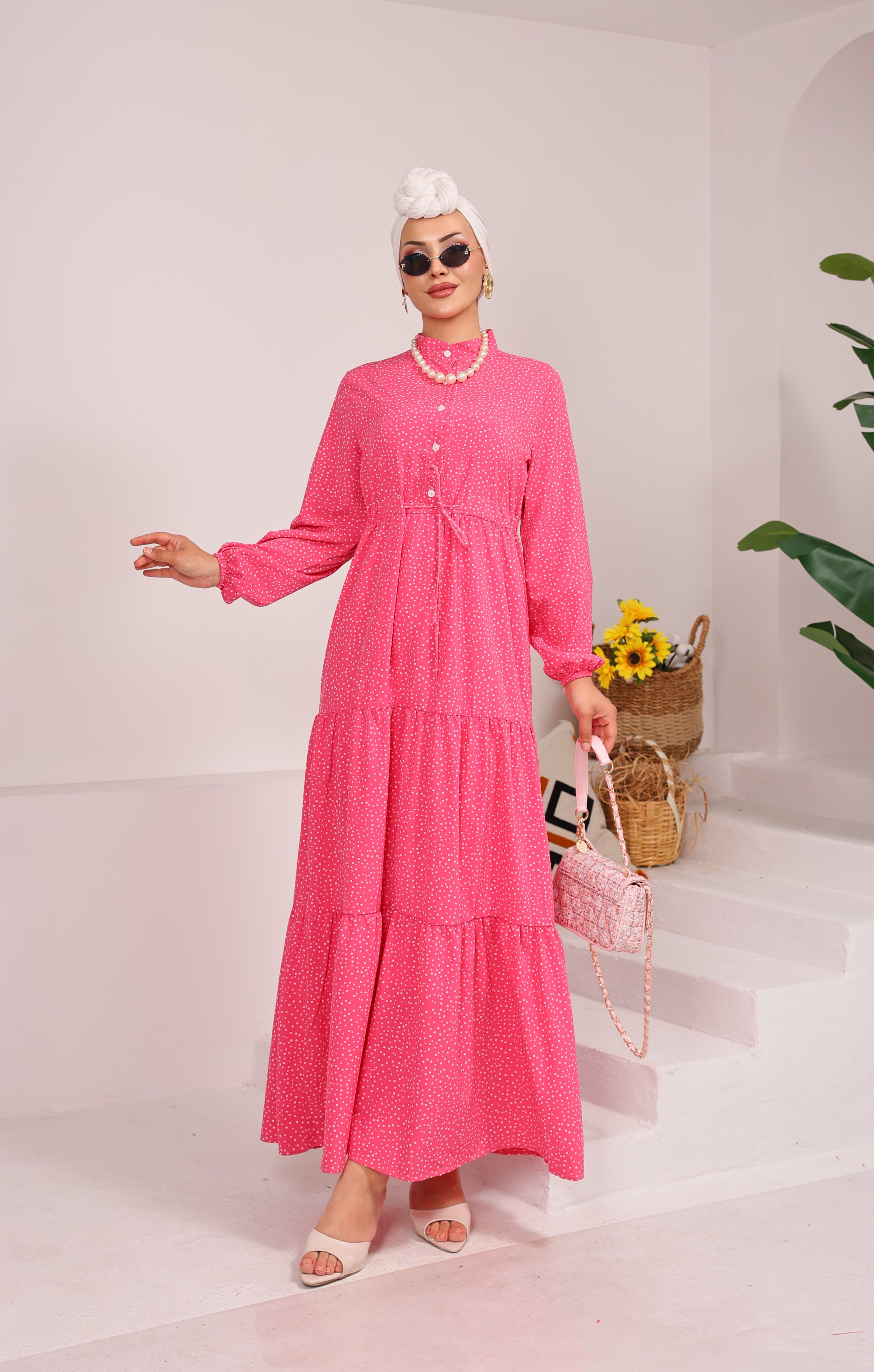 86210 KÜÇÜK PUANTİYELİ YARIYA KADAR DÜĞMELİ VİSKON KUMAŞ ELBİSE PEMBE 