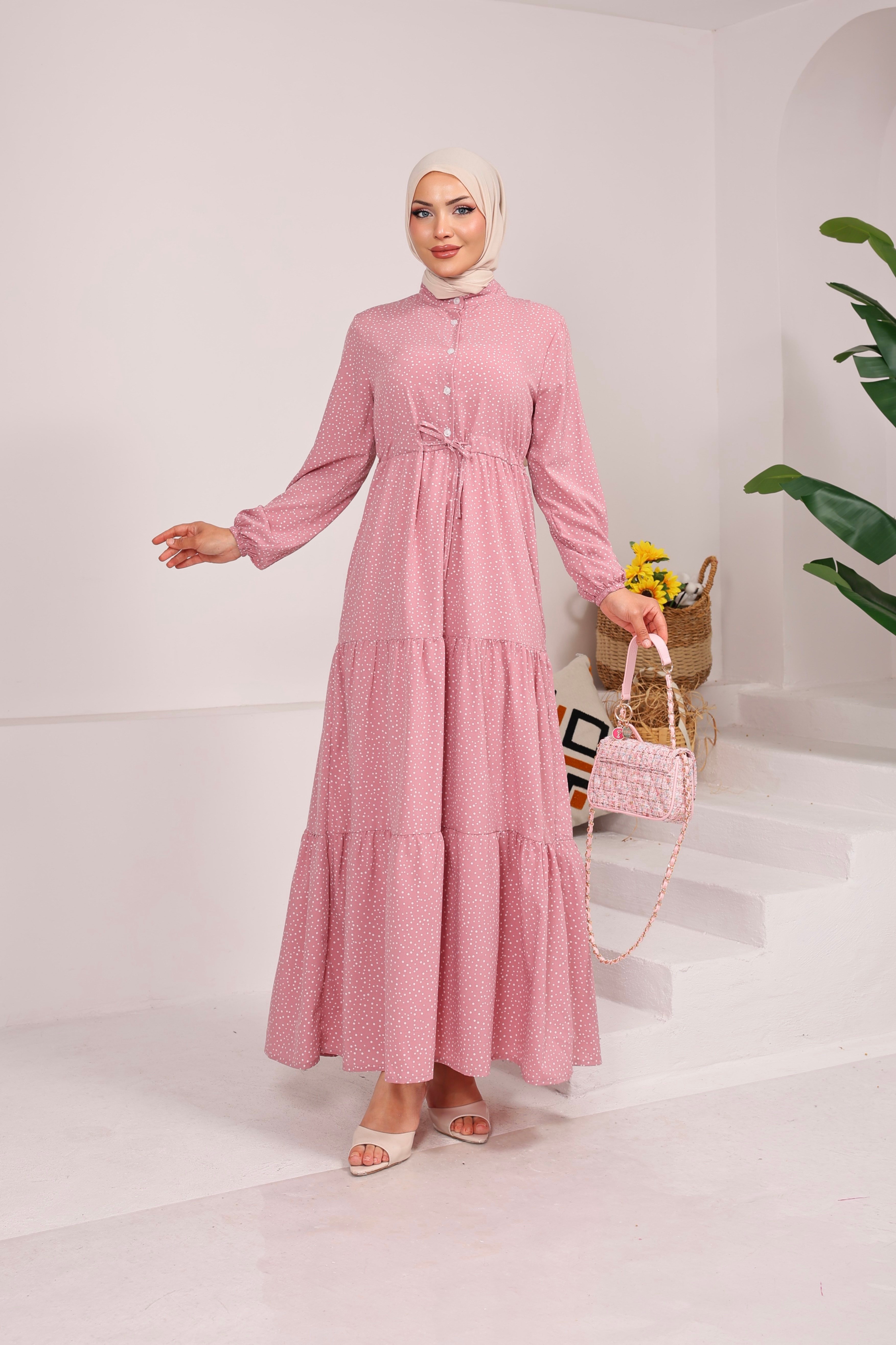 86210 KÜÇÜK PUANTİYELİ YARIYA KADAR DÜĞMELİ VİSKON KUMAŞ ELBİSE TOZ PEMBE 