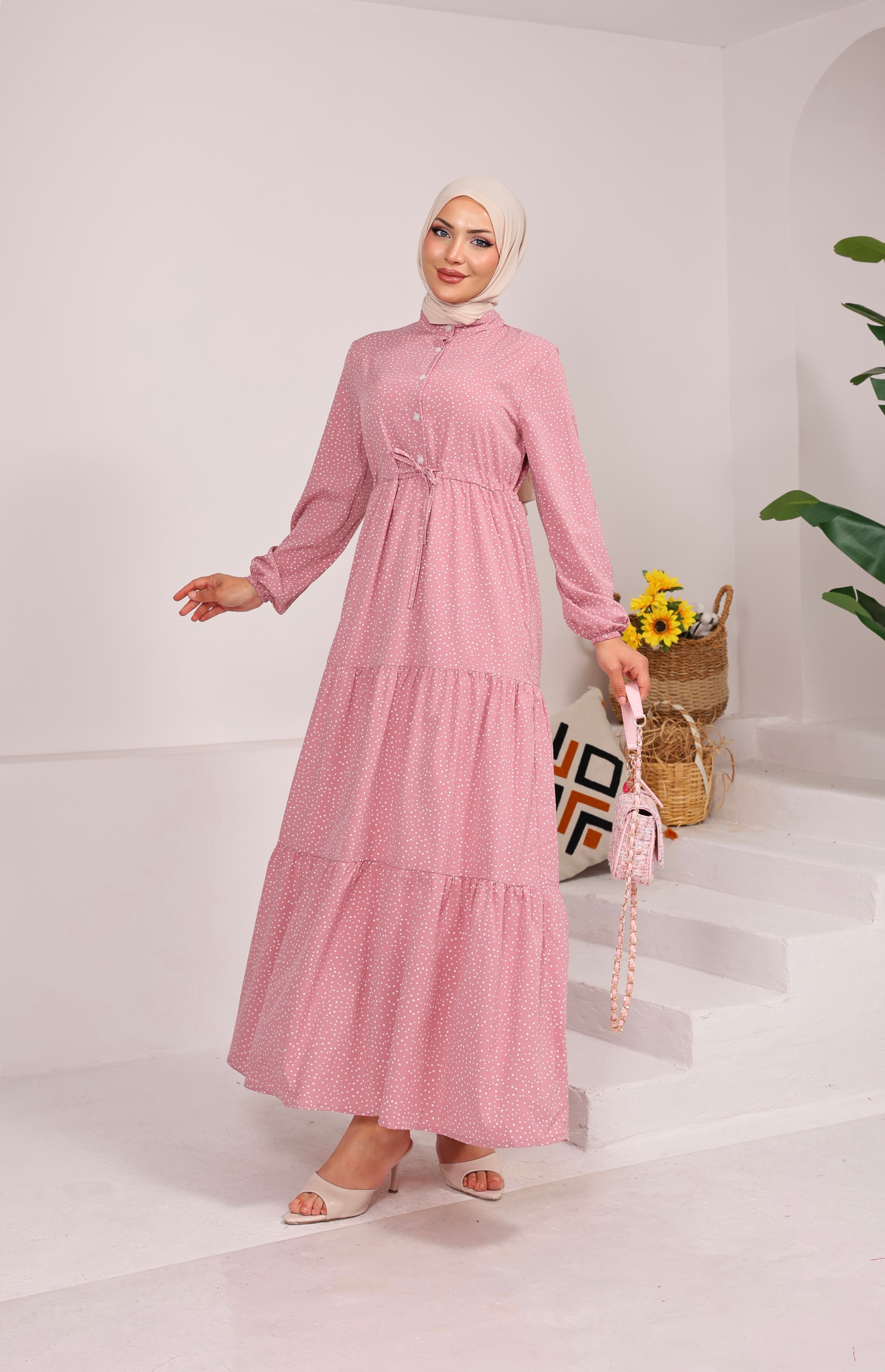 86210 KÜÇÜK PUANTİYELİ YARIYA KADAR DÜĞMELİ VİSKON KUMAŞ ELBİSE TOZ PEMBE 