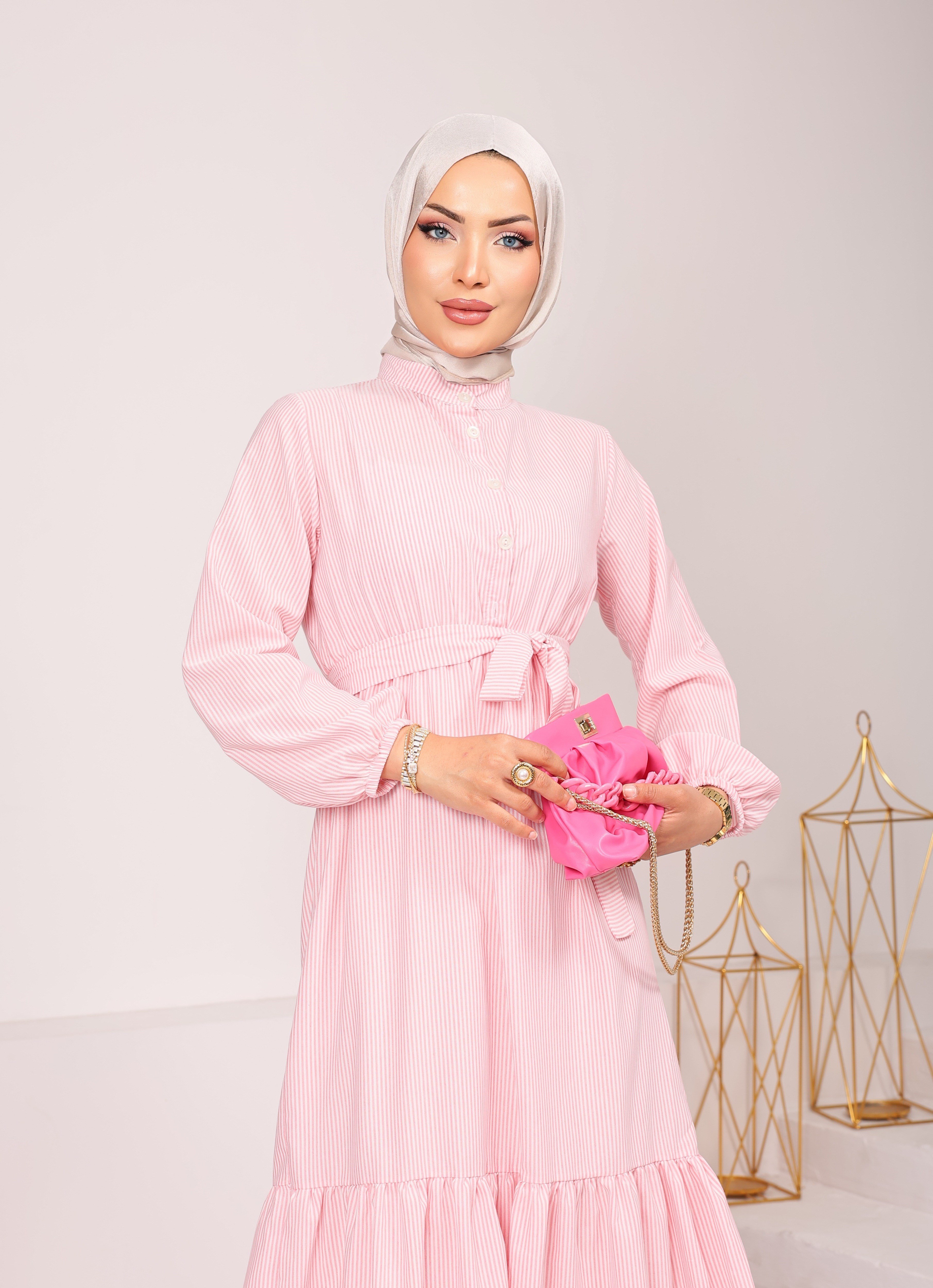 8723  ÇİZGİLİ VİSKON KETEN KUMAŞ SEYYAR KEMERLİ YARIYA KADAR DÜĞMELİ ELBİSE TOZ PEMBE 
