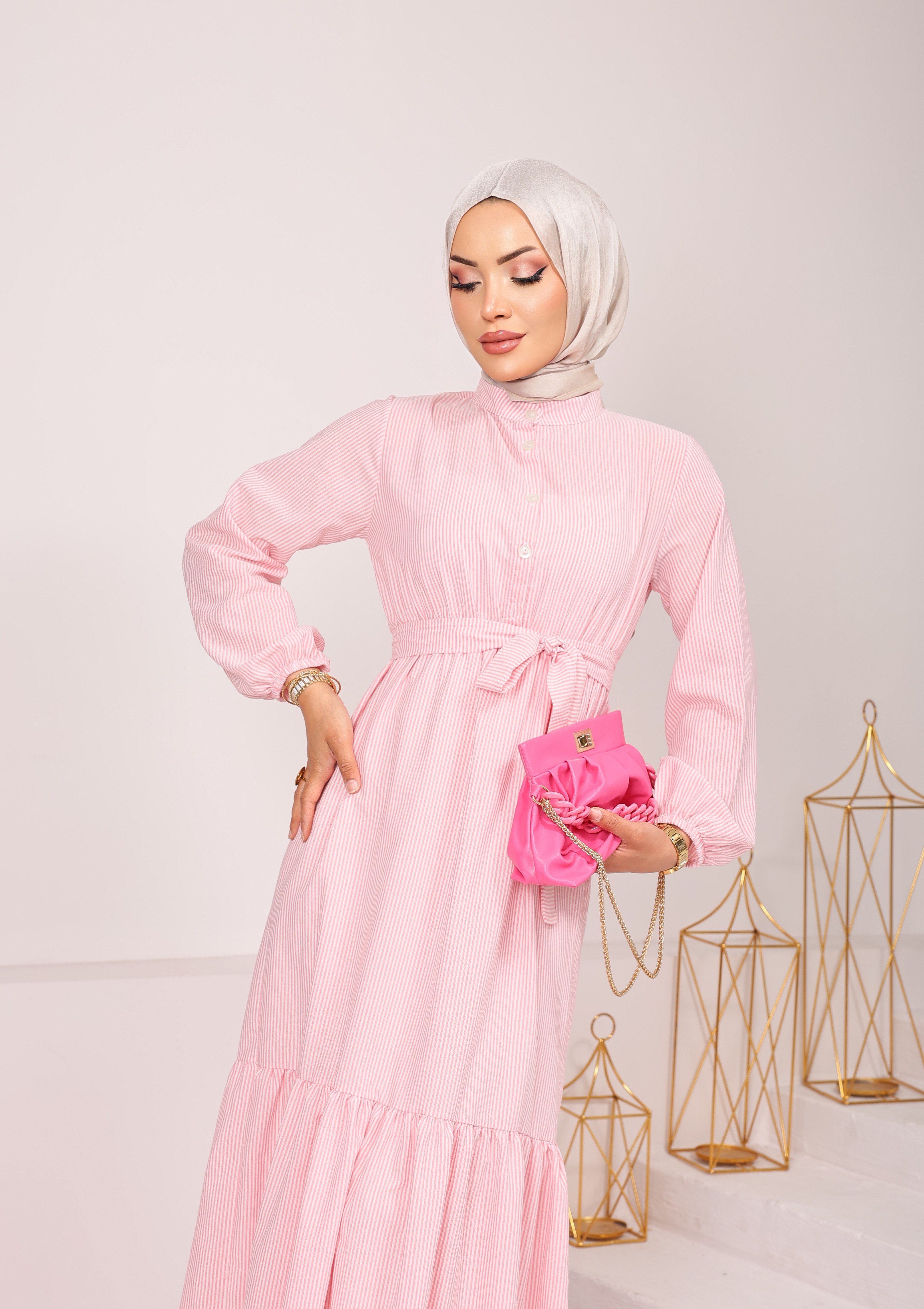 8723  ÇİZGİLİ VİSKON KETEN KUMAŞ SEYYAR KEMERLİ YARIYA KADAR DÜĞMELİ ELBİSE TOZ PEMBE 