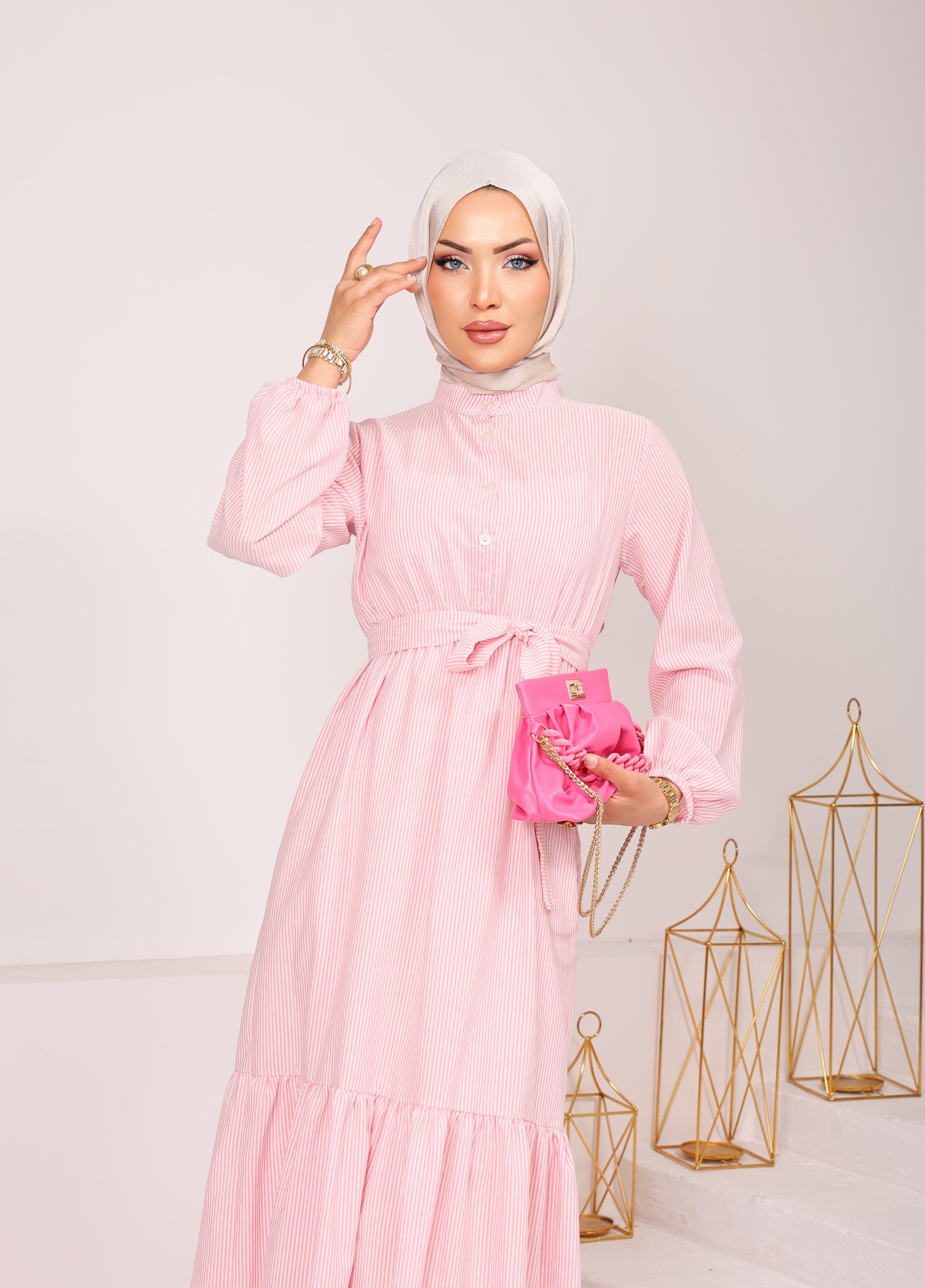 8723  ÇİZGİLİ VİSKON KETEN KUMAŞ SEYYAR KEMERLİ YARIYA KADAR DÜĞMELİ ELBİSE TOZ PEMBE 