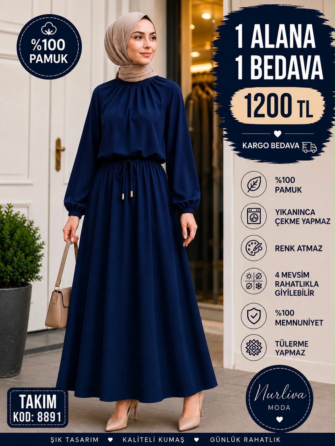 8891 İthal Kristal Penye Kumaş Nur Etekli Takım Lacivert 