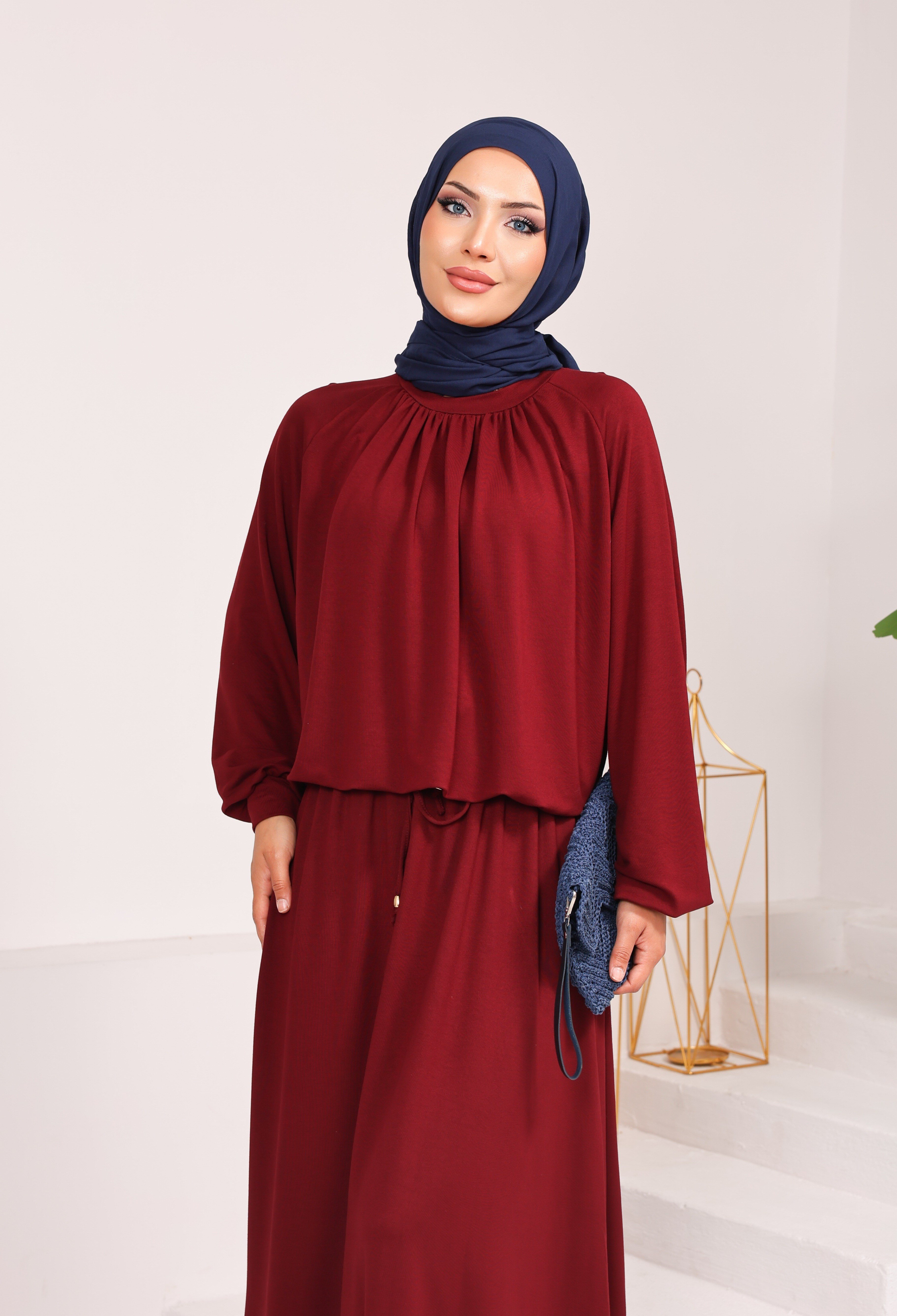 8891 İthal Kristal Penye Kumaş Nur Etekli Takım bordo 