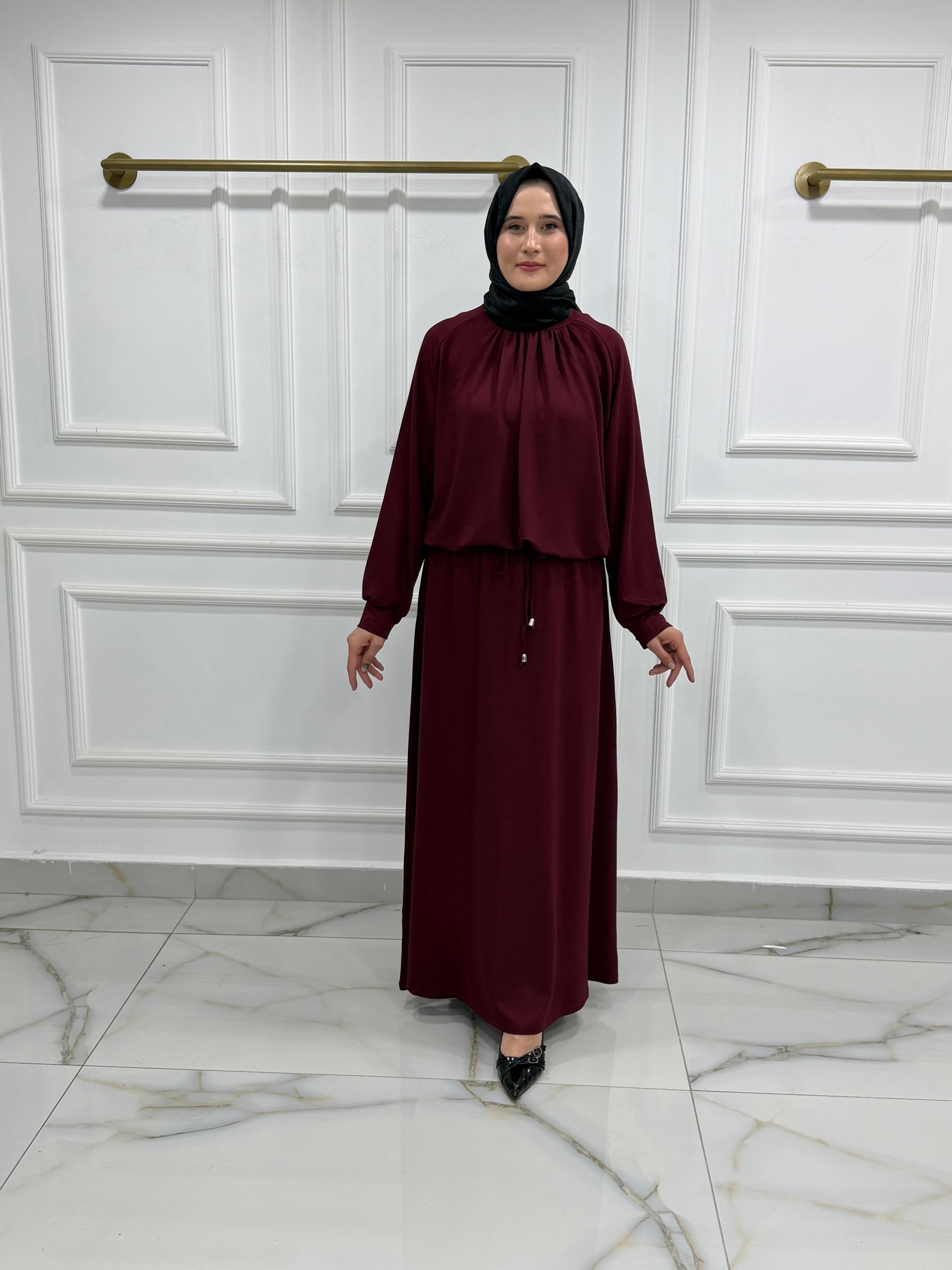8891 İthal Kristal Penye Kumaş Nur Etekli Takım bordo 