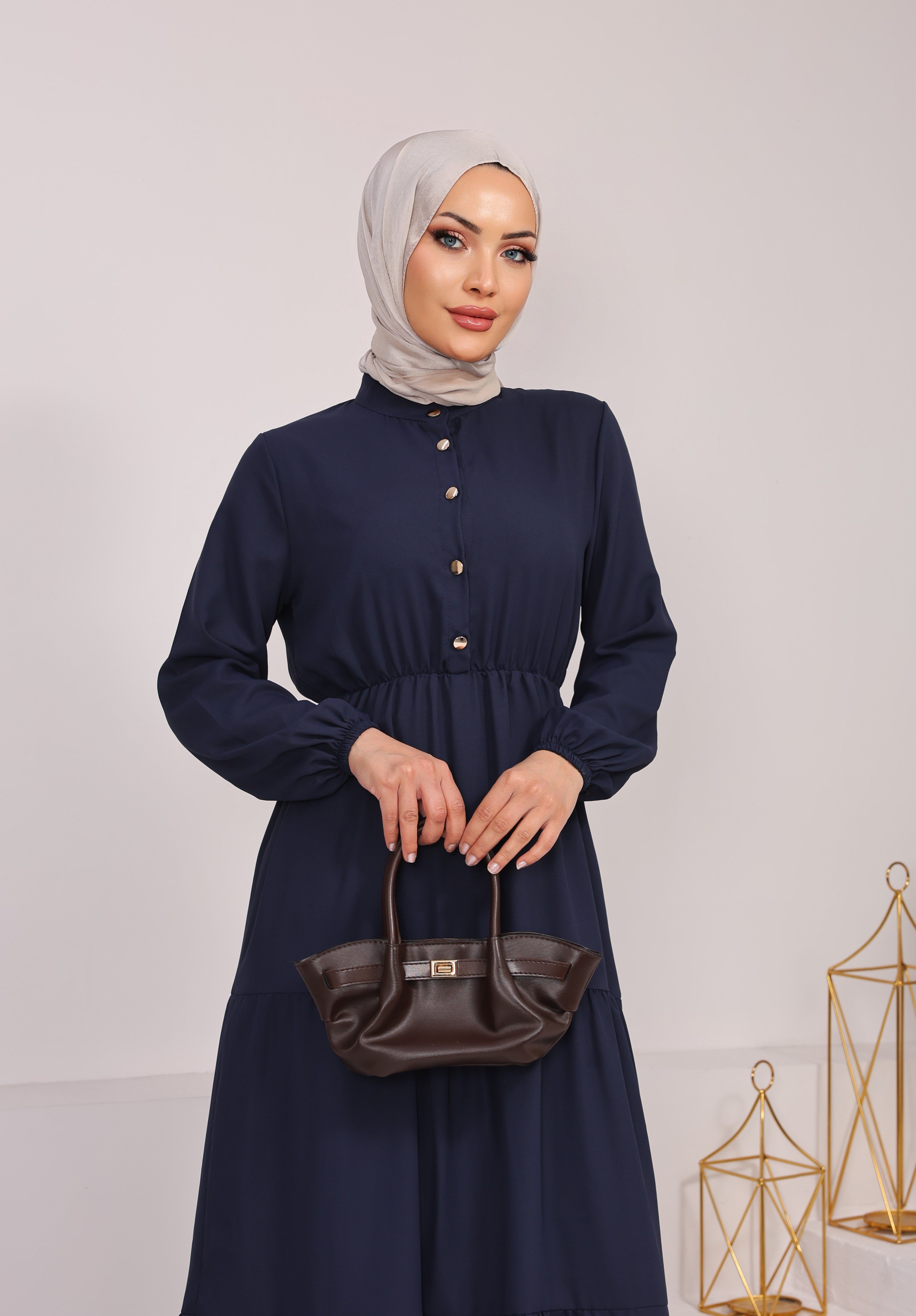 9022 BELMANDO VİSKON KUMAŞ BELİ LASTİKLİ DÜĞMELİ ELBİSE  LACİVERT