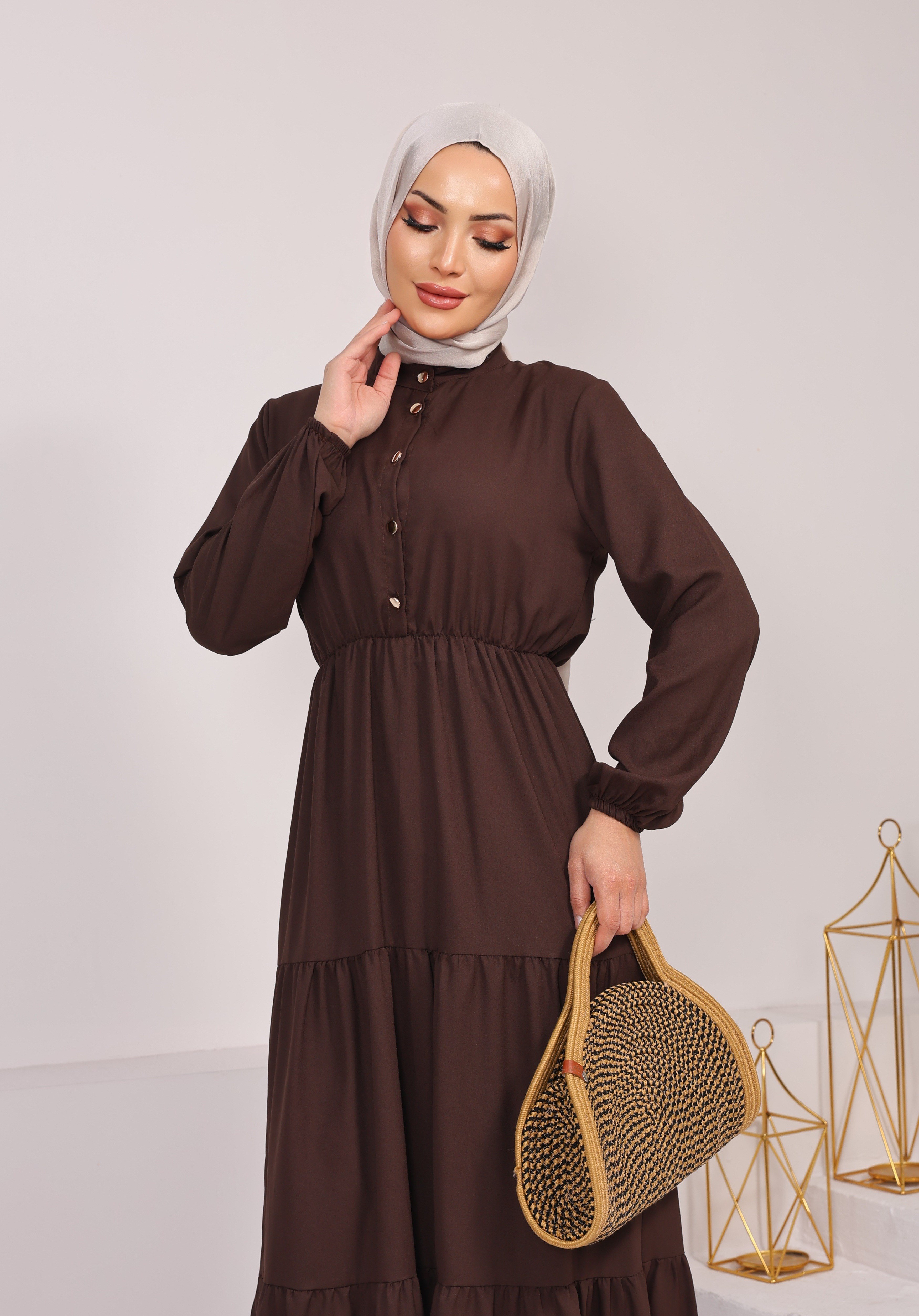 9022 BELMANDO VİSKON KUMAŞ BELİ LASTİKLİ DÜĞMELİ ELBİSE  ACI KAHVE 
