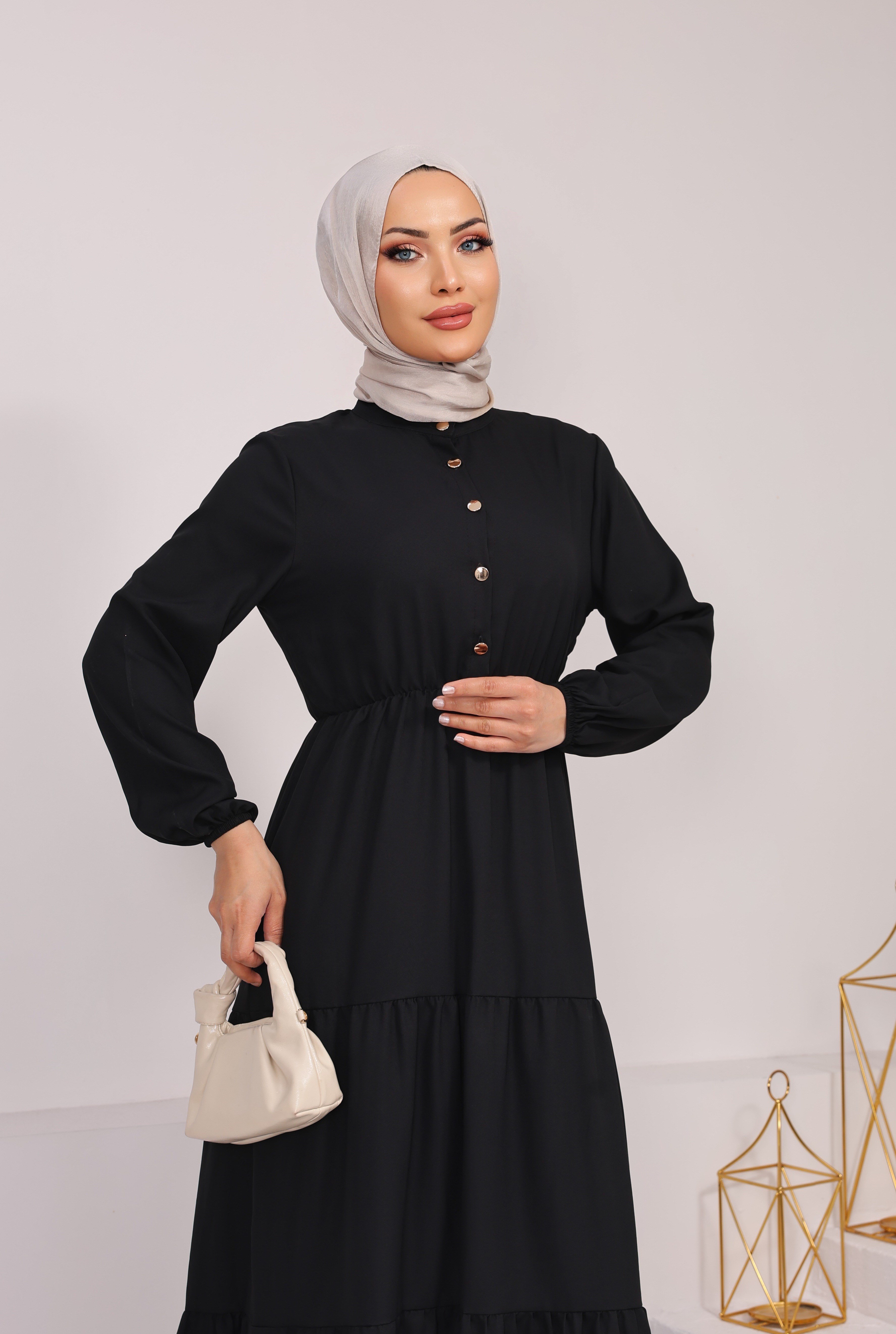 9022 BELMANDO VİSKON KUMAŞ BELİ LASTİKLİ DÜĞMELİ ELBİSE  SİYAH 