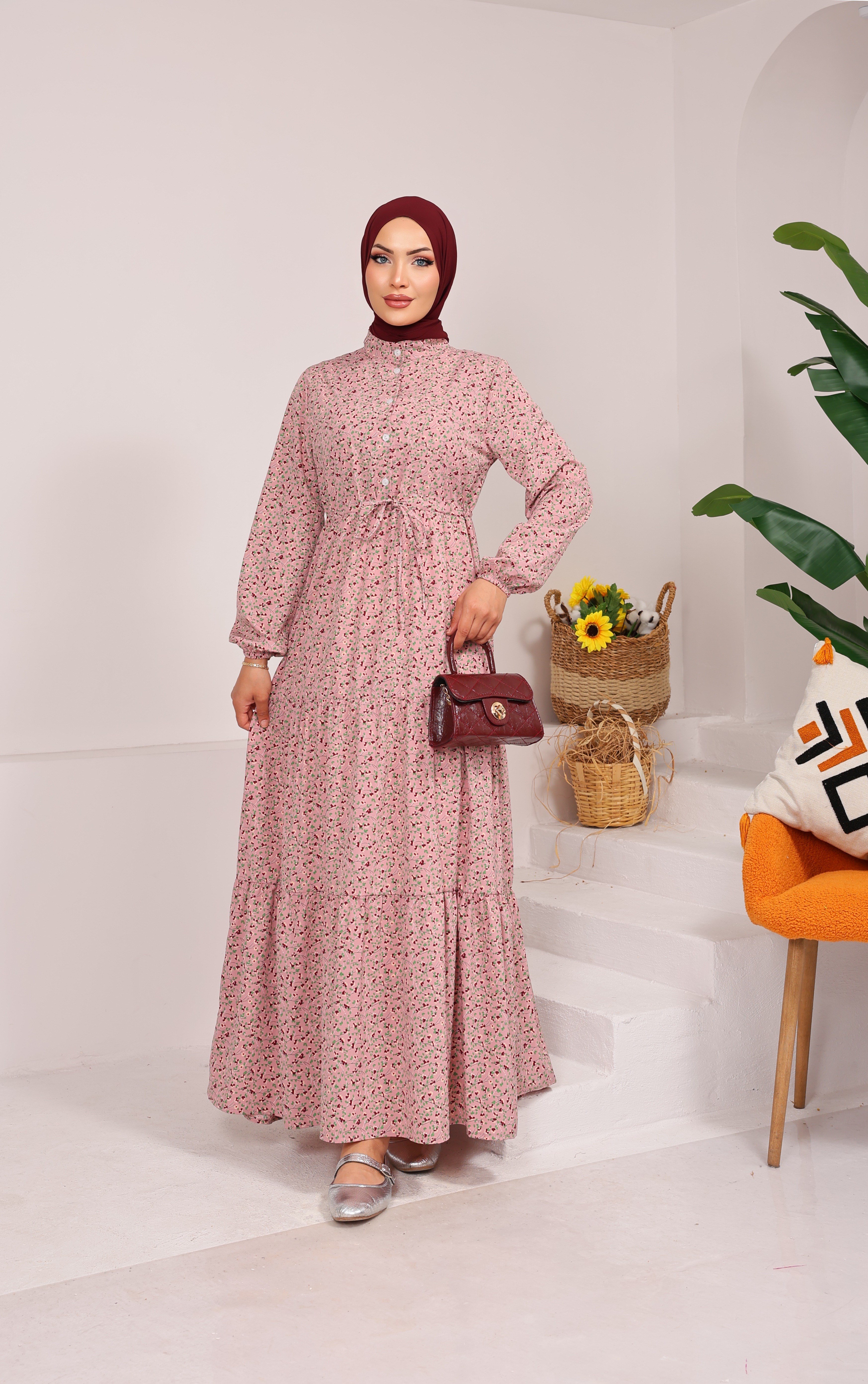 97225  ÇİÇEK DESENLİ BELDEN BAĞLAMALI YARIYA KADAR DÜĞMELİ VİSKON KUMAŞ ELBİSE PEMBE 