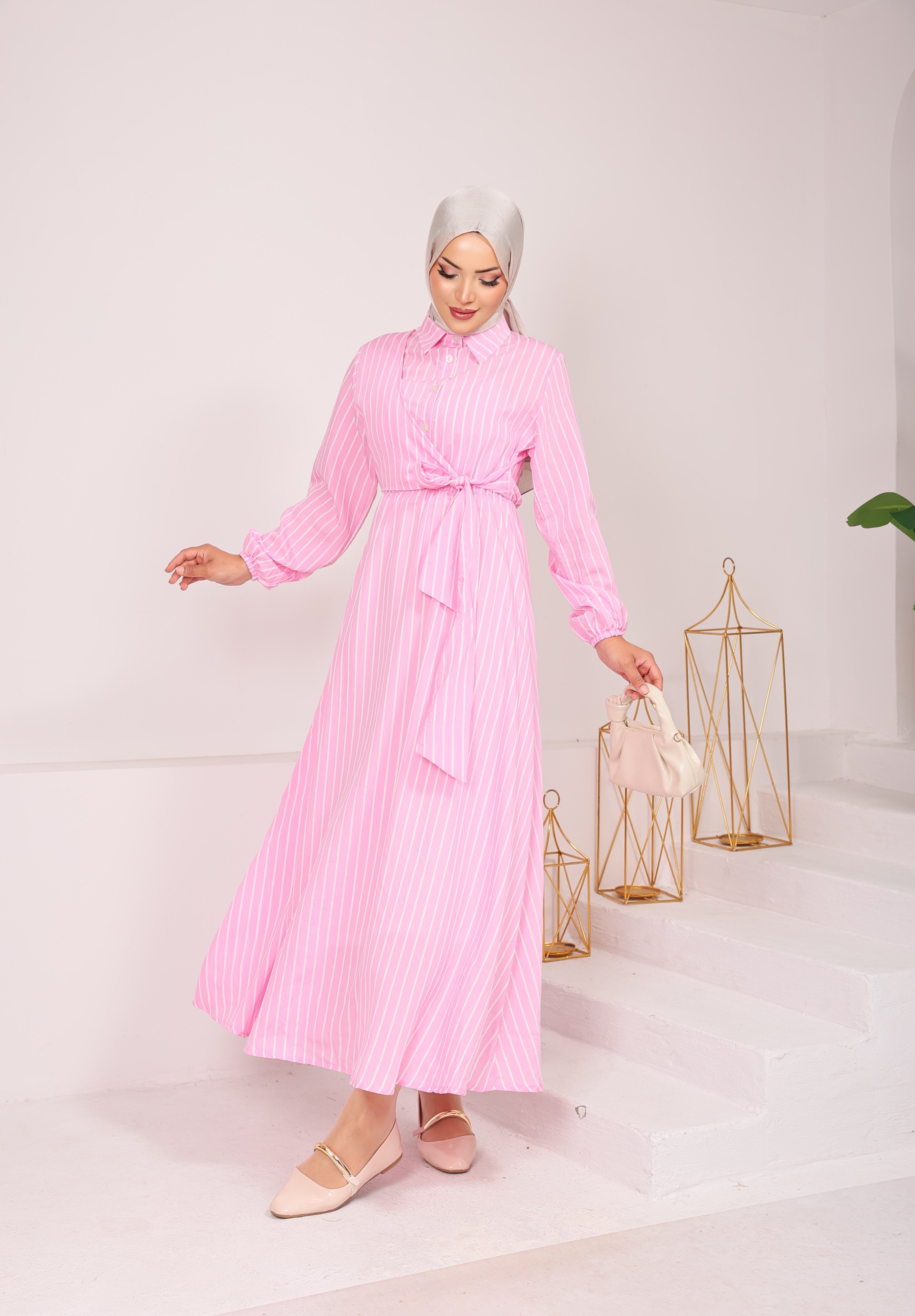 9723  YANDAN BAĞLAMALI MODAL VİSKON YENİ SEZON ÇİZGİLİ ELBİSE PEMBE 