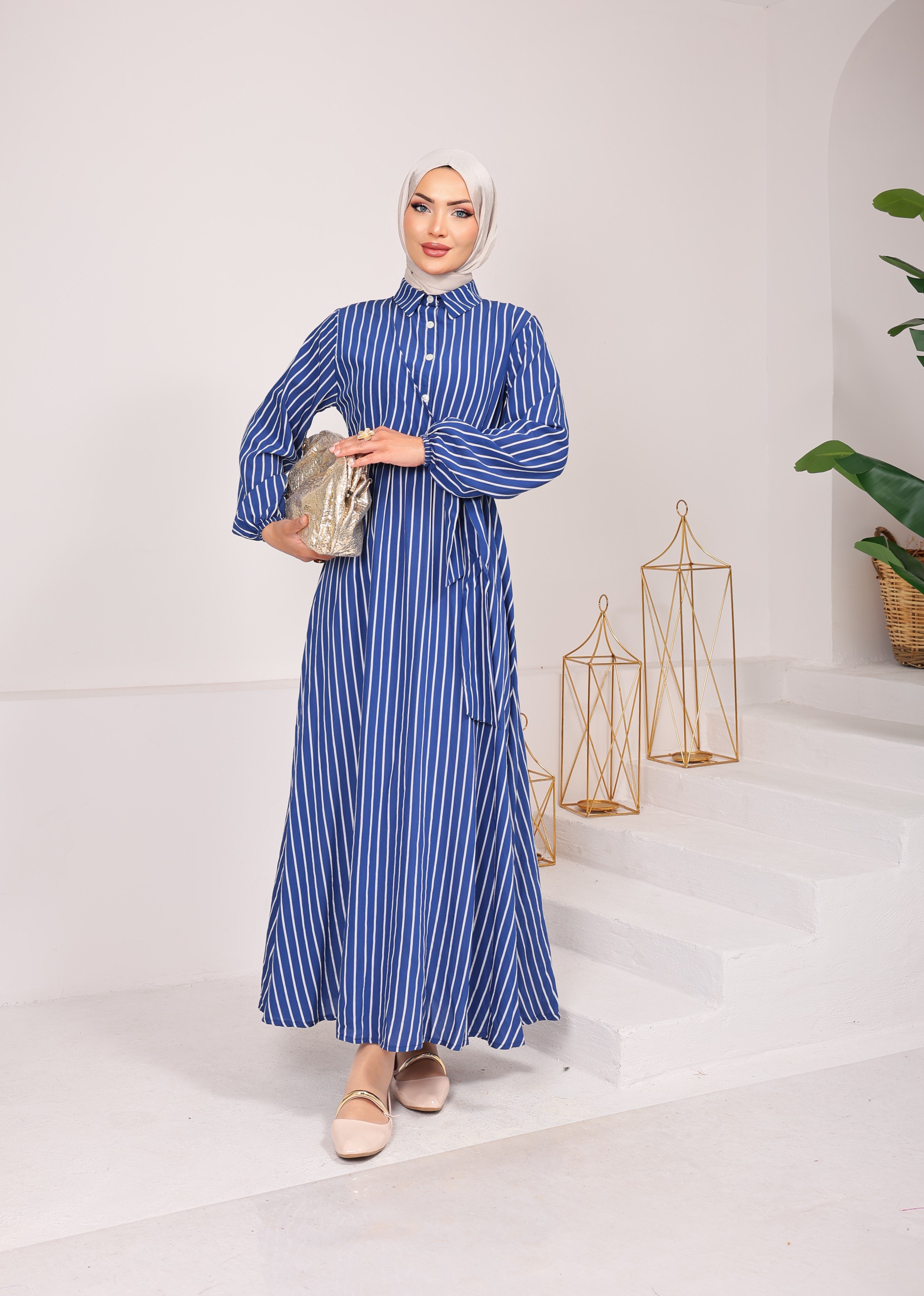 9723  YANDAN BAĞLAMALI MODAL VİSKON YENİ SEZON ÇİZGİLİ ELBİSE SAKS MAVİSİ 