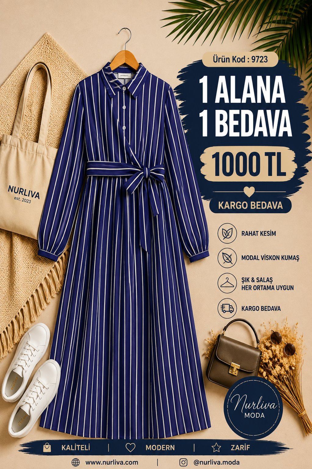 9723  YANDAN BAĞLAMALI MODAL VİSKON YENİ SEZON ÇİZGİLİ ELBİSE SAKS MAVİSİ 