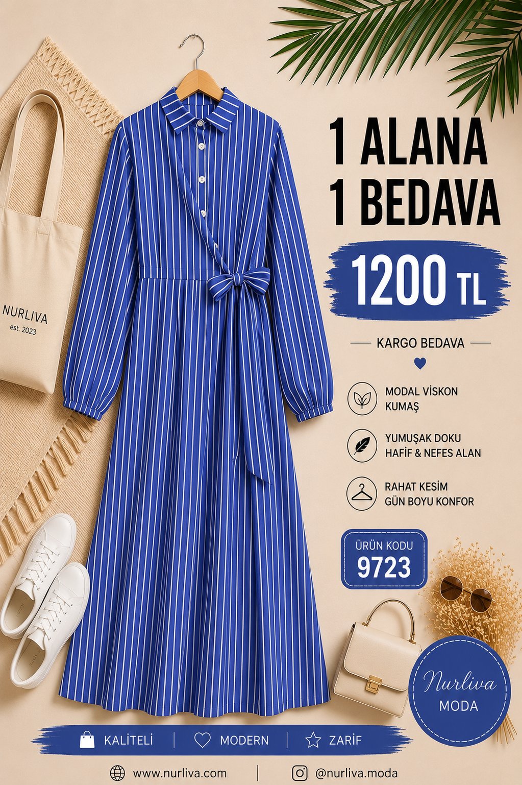 9723  YANDAN BAĞLAMALI MODAL VİSKON YENİ SEZON ÇİZGİLİ ELBİSE SAKS MAVİSİ 