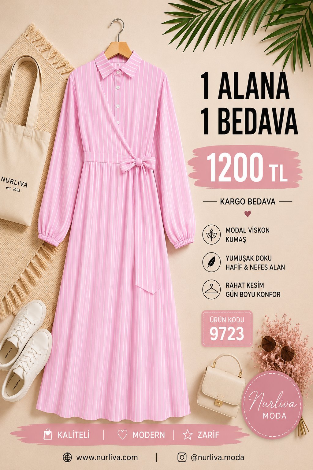 9723  YANDAN BAĞLAMALI MODAL VİSKON YENİ SEZON ÇİZGİLİ ELBİSE PEMBE 