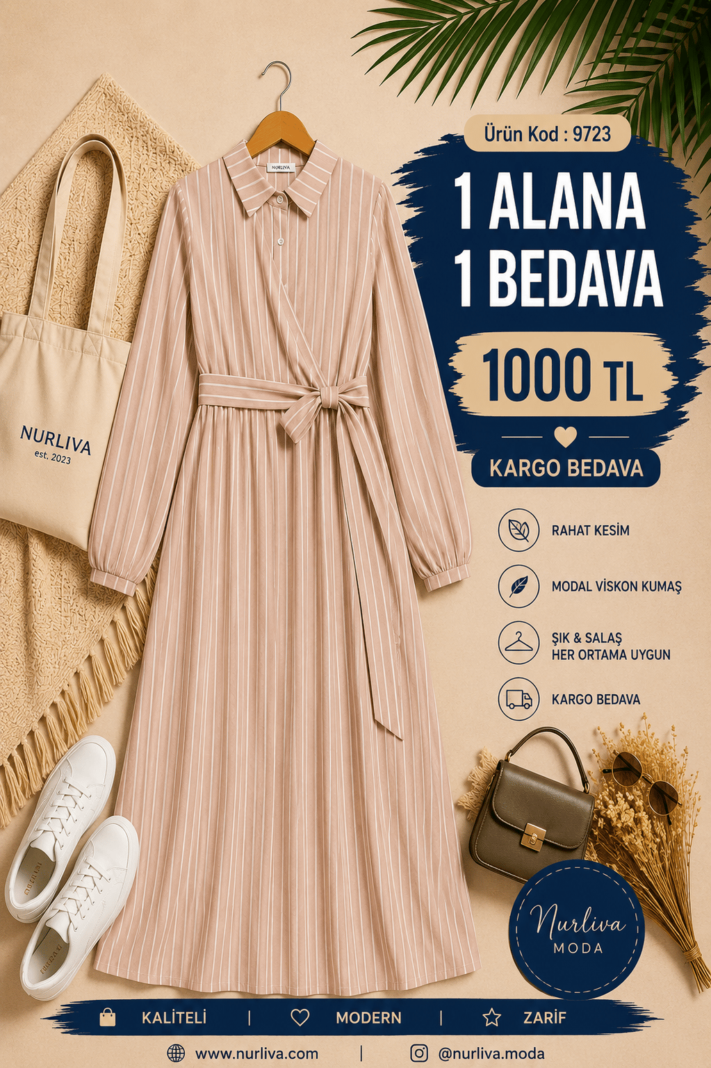 9723  YANDAN BAĞLAMALI MODAL VİSKON YENİ SEZON ÇİZGİLİ ELBİSE BEJ 
